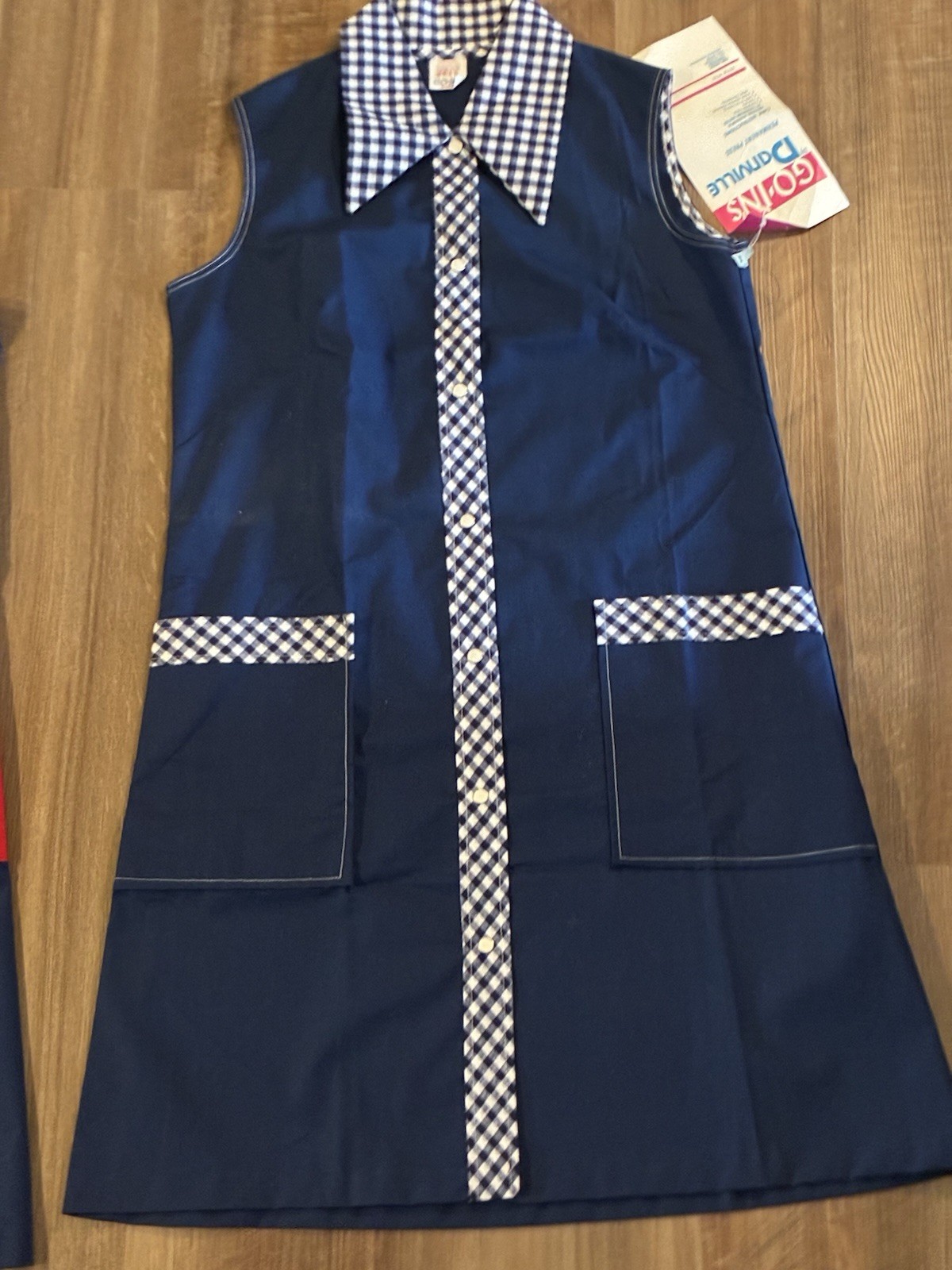 Go Ins By Danville Blue Dress Vintage 1960s 14/16 Gingham Detail Pockets Collar