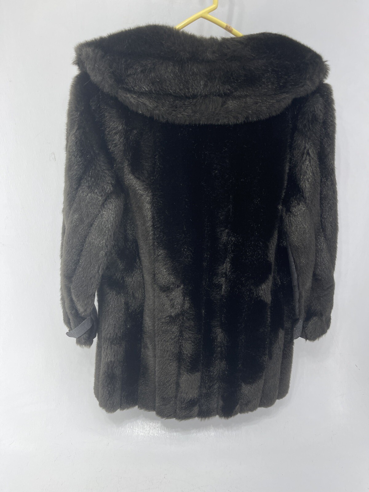 Womens Black Shiny Faux Fur Mink Coat Shawl Collar Mar-Del Rice Vintage Sz 12