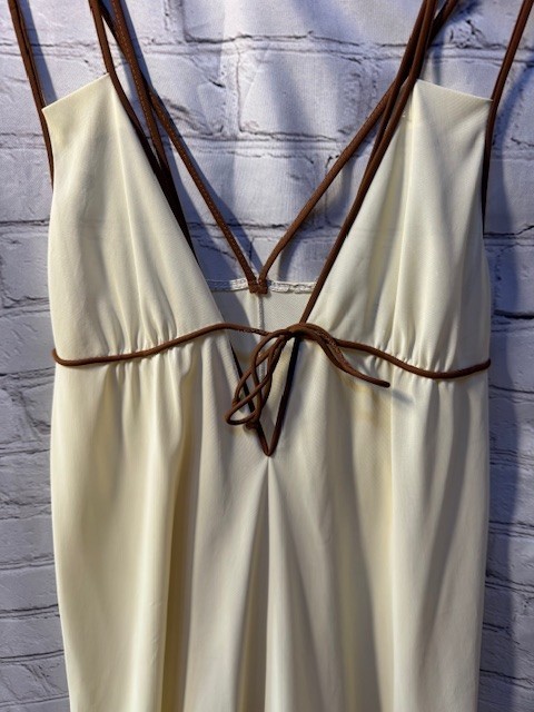 Vintage 70s Dutchess Yellow Nightgown Slip Fairy Whimsy Sz 11 V Neck Brown Tie