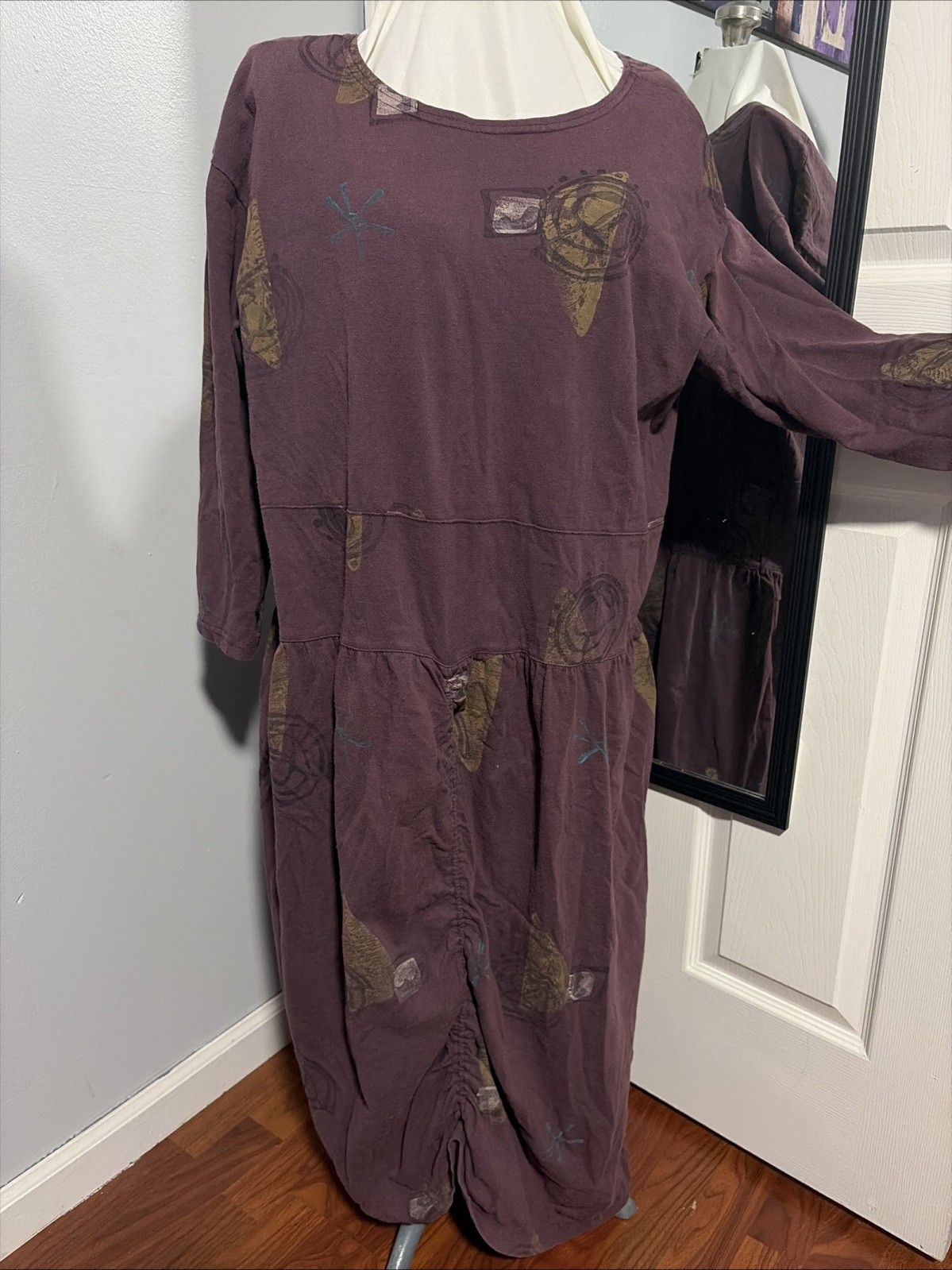ART TO WEAR RARE HEAVY PAINT BLUE FISH PURPLE MOD ICONIC DRESS CINCHED