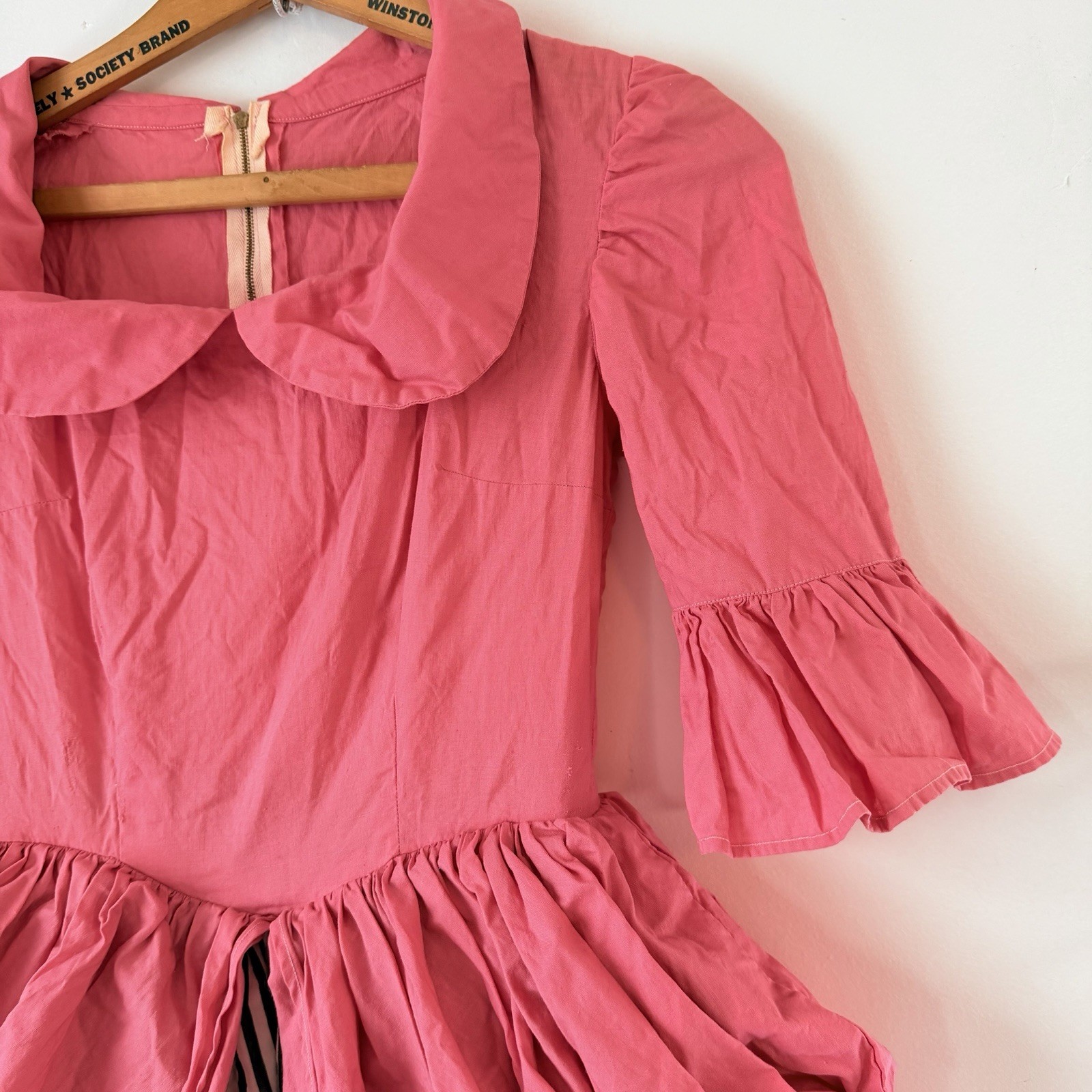 Vintage 1950s Pink Cotton Party Dress Bustle Black White Stripe Carnival Circus
