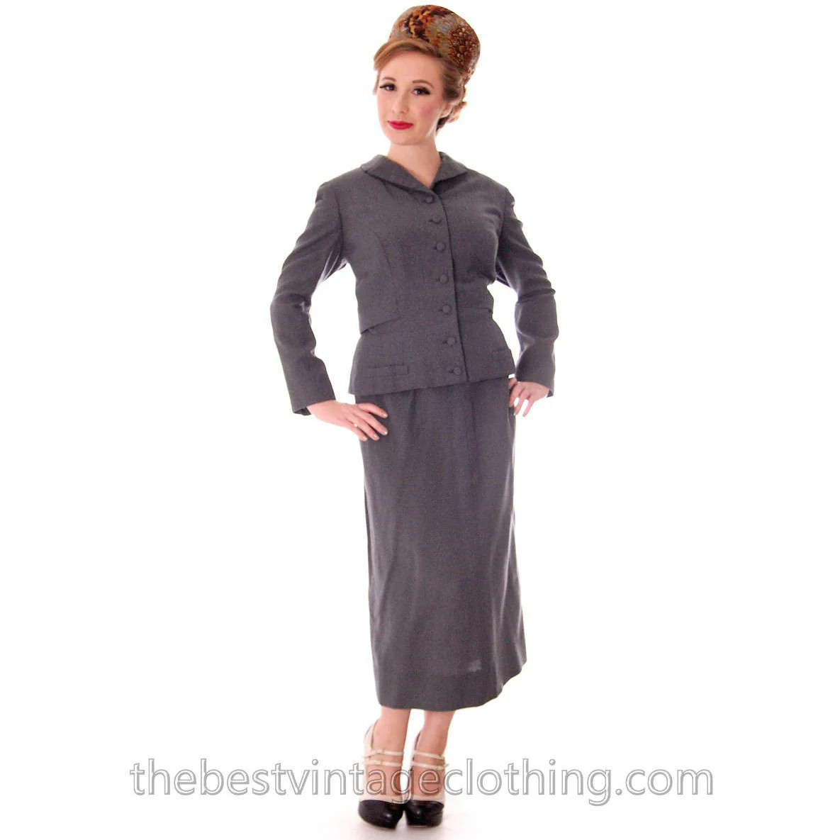 Jablow Suit Vintage 1950s Gray Womens Wool Damaged Costume 40-27-41 Secretary