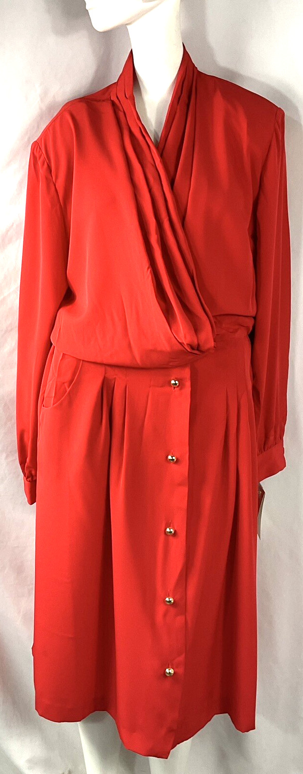 Retro 1980s Hana Sung Dress 14 Red Polyester Silkese Sumpreme Long Sleeve V-Neck