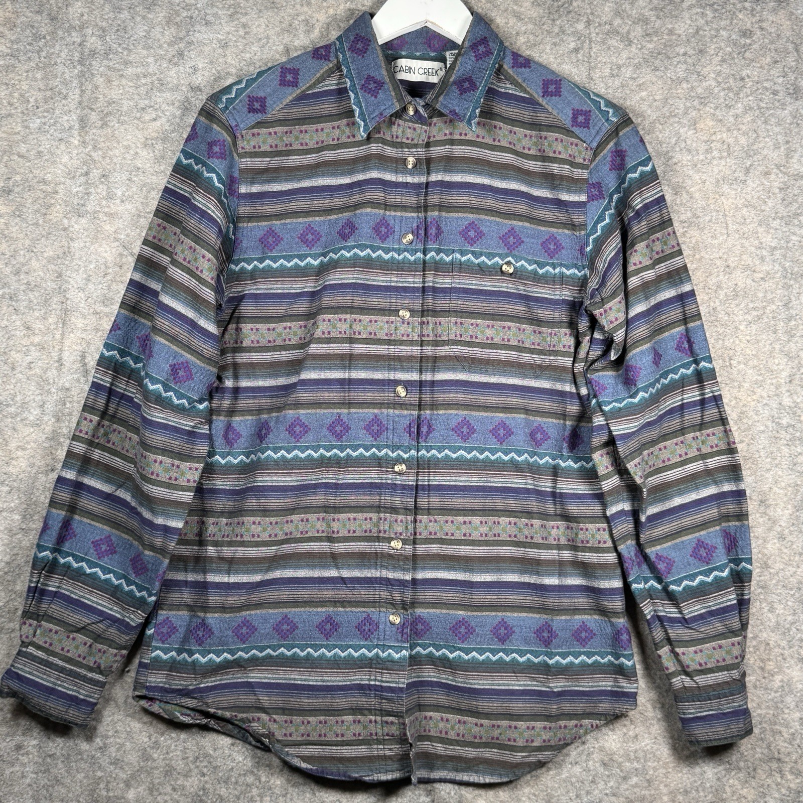 Vintage Womens Cabin Creek Aztec Geometric Pattern Button Down Shirt Size M Tall