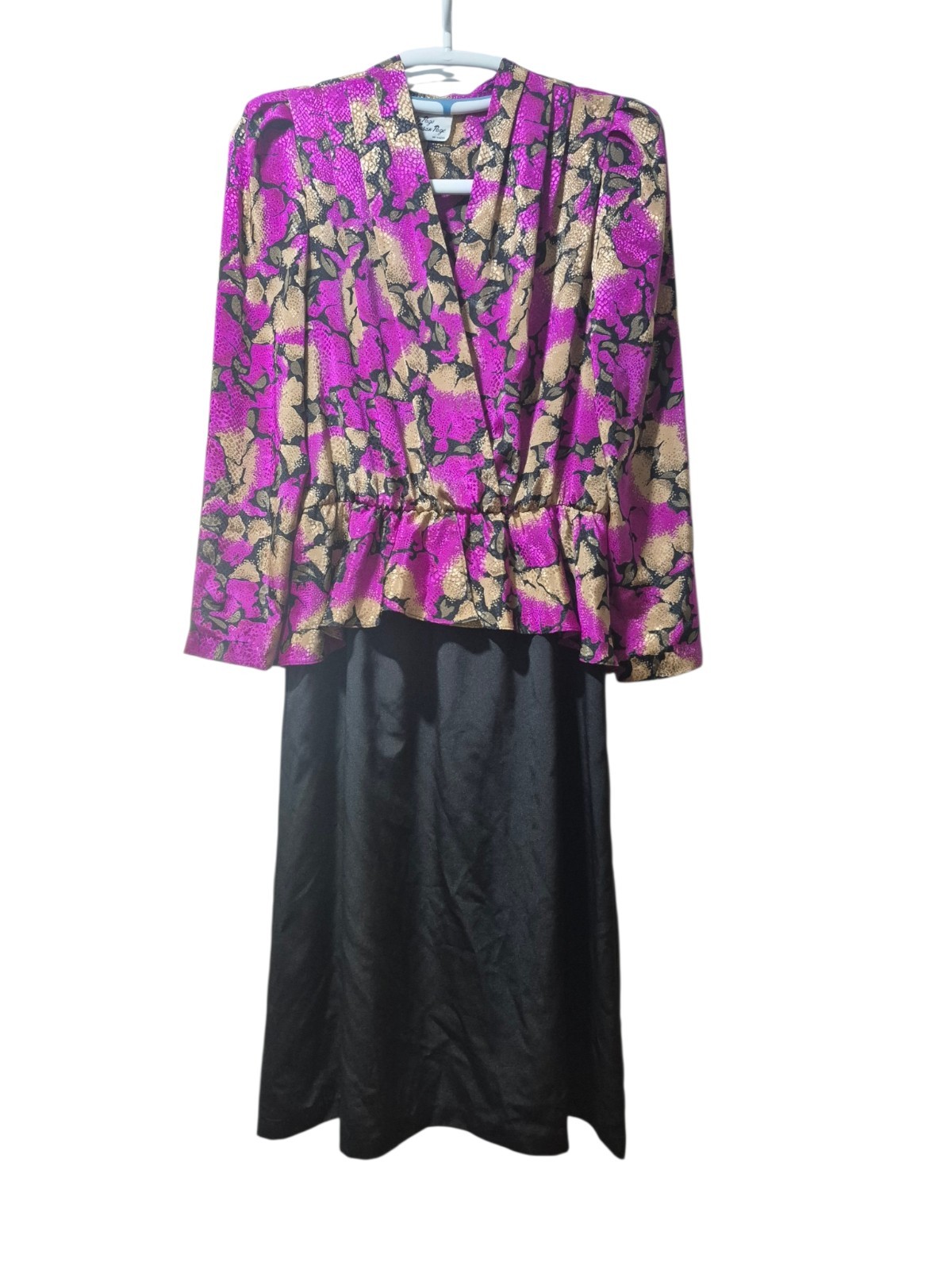 Vintage Satin Floral Crossover V-neck Puff Sleeves Peplum Pink/Multi Dress 12