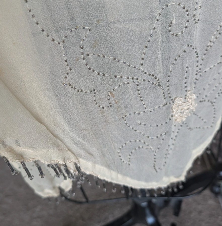 Antique 1920s silk beaded sheer dress beige flapper 40″ bust bead trim