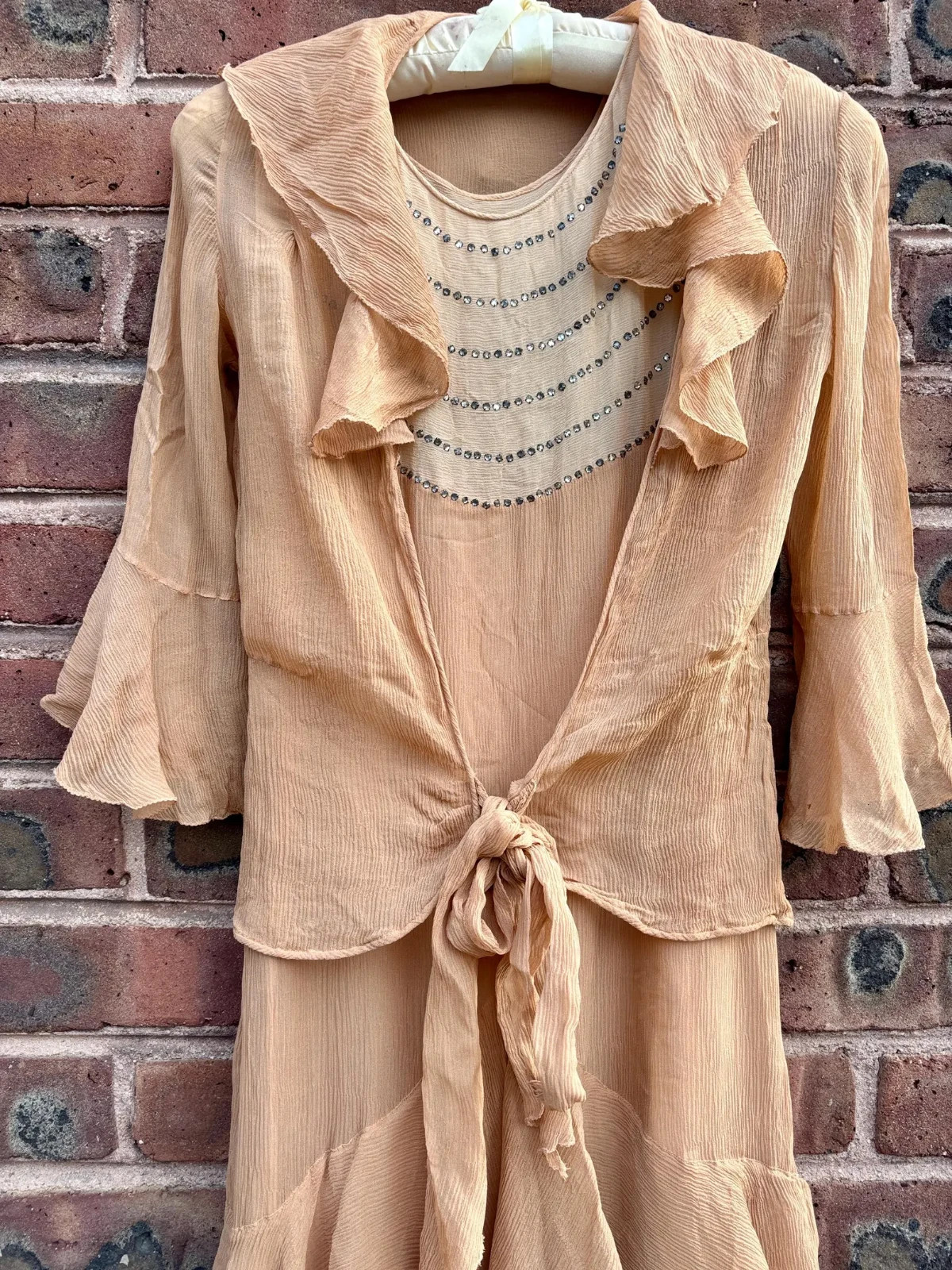 Antique 1920s Silk Chiffon Rhinestone Two Piece Dress and Wrap Top Small