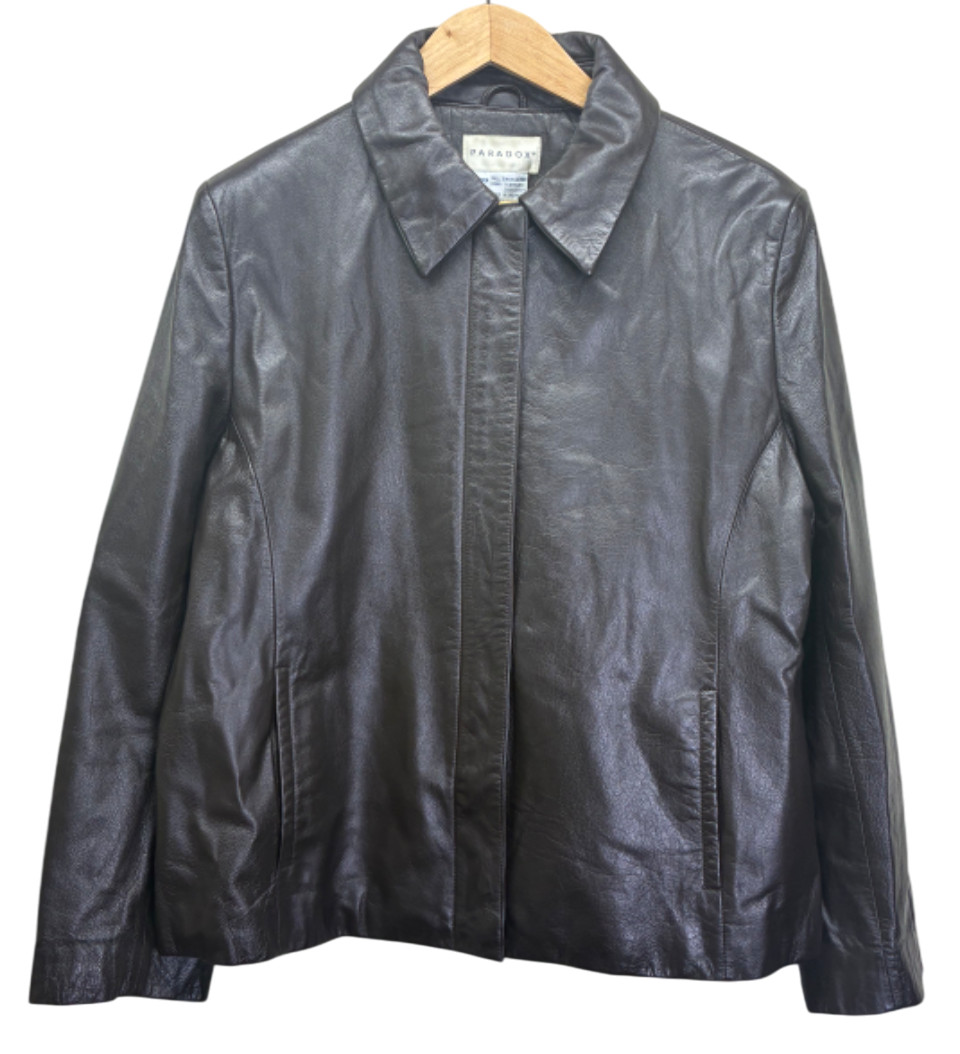 Vintage 90s YK2 Paradox Brown Leather Zip/Snap Front Jacket Pockets Sz 1X #g