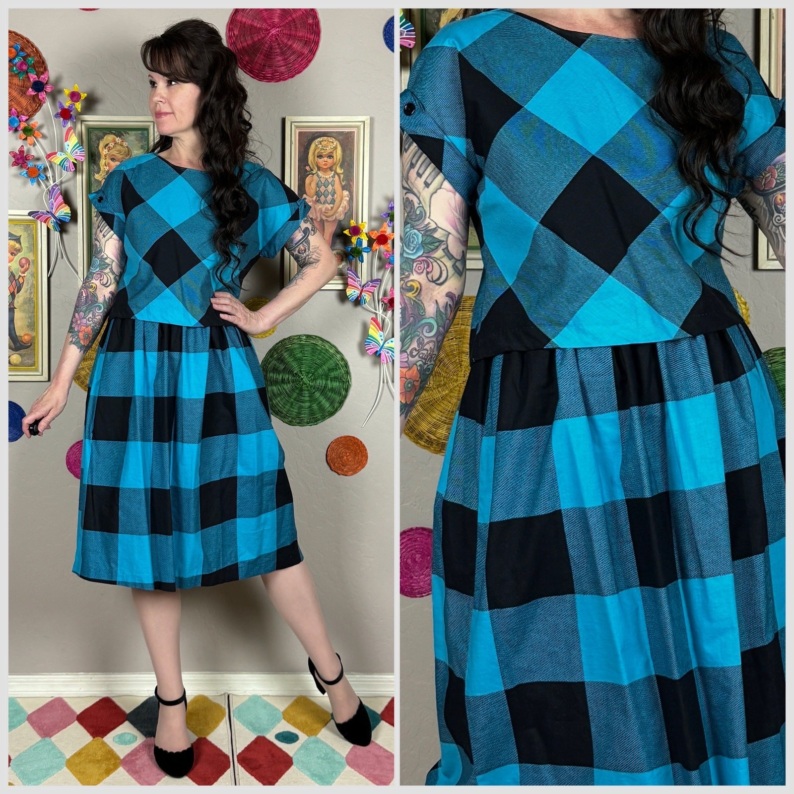Vintage 1970s Blue and Black Buffalo Plaid Short Sleeve Midi Dress Set | XS/S