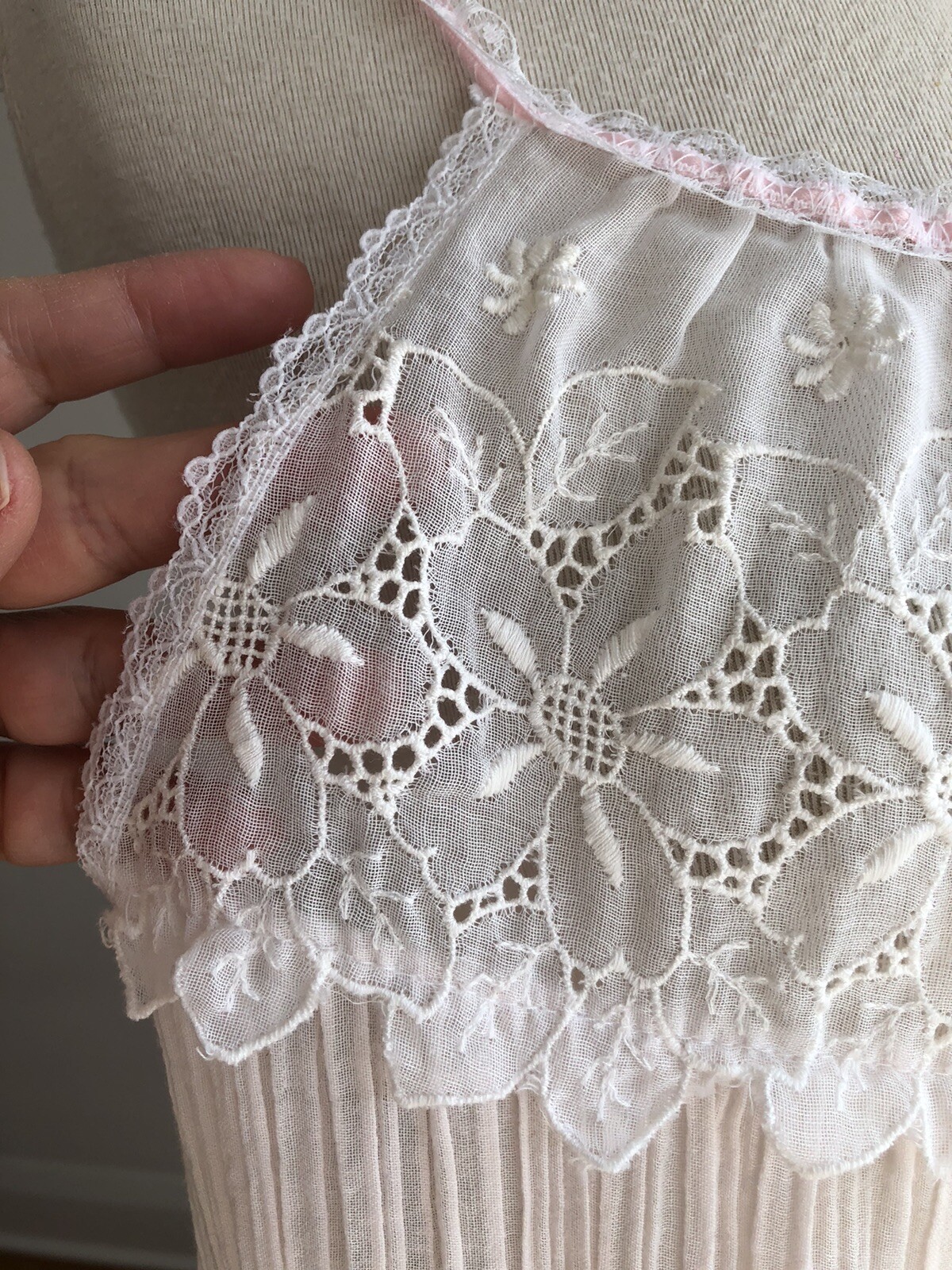 STUNNING VTG JULI OF SLUMBERTOGS Pink Gauzy Cotton & White Lace Nightgown SZ M/L