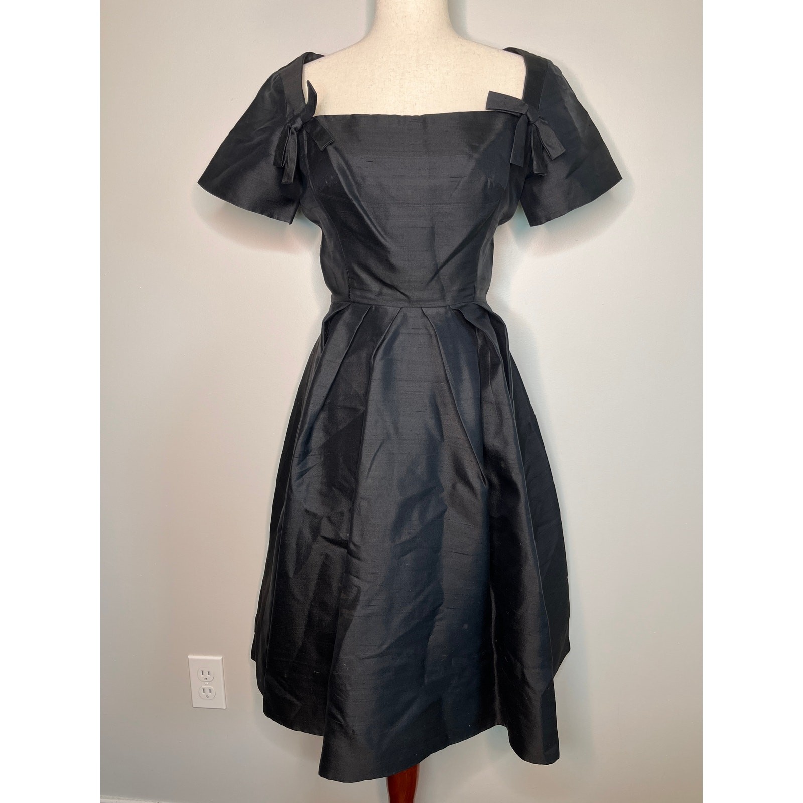 1950s Rare Christian Dior Black Silk Couture Bows New Look Old Money Tea Dress M