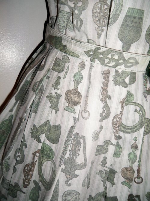 Vtg 50s VIRGINIA HART Cotton Fabric KITCHEN THEME Belt Dress DEADSTOCK M L NOS