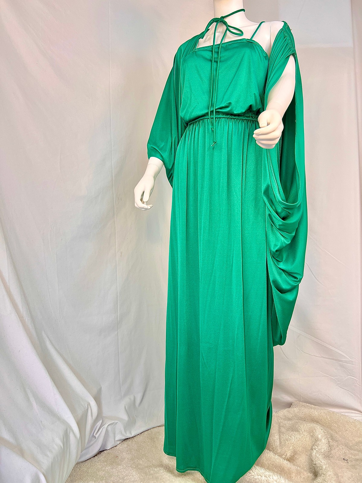 1970s Kelly Green Disco Dress and Wrap Set, M