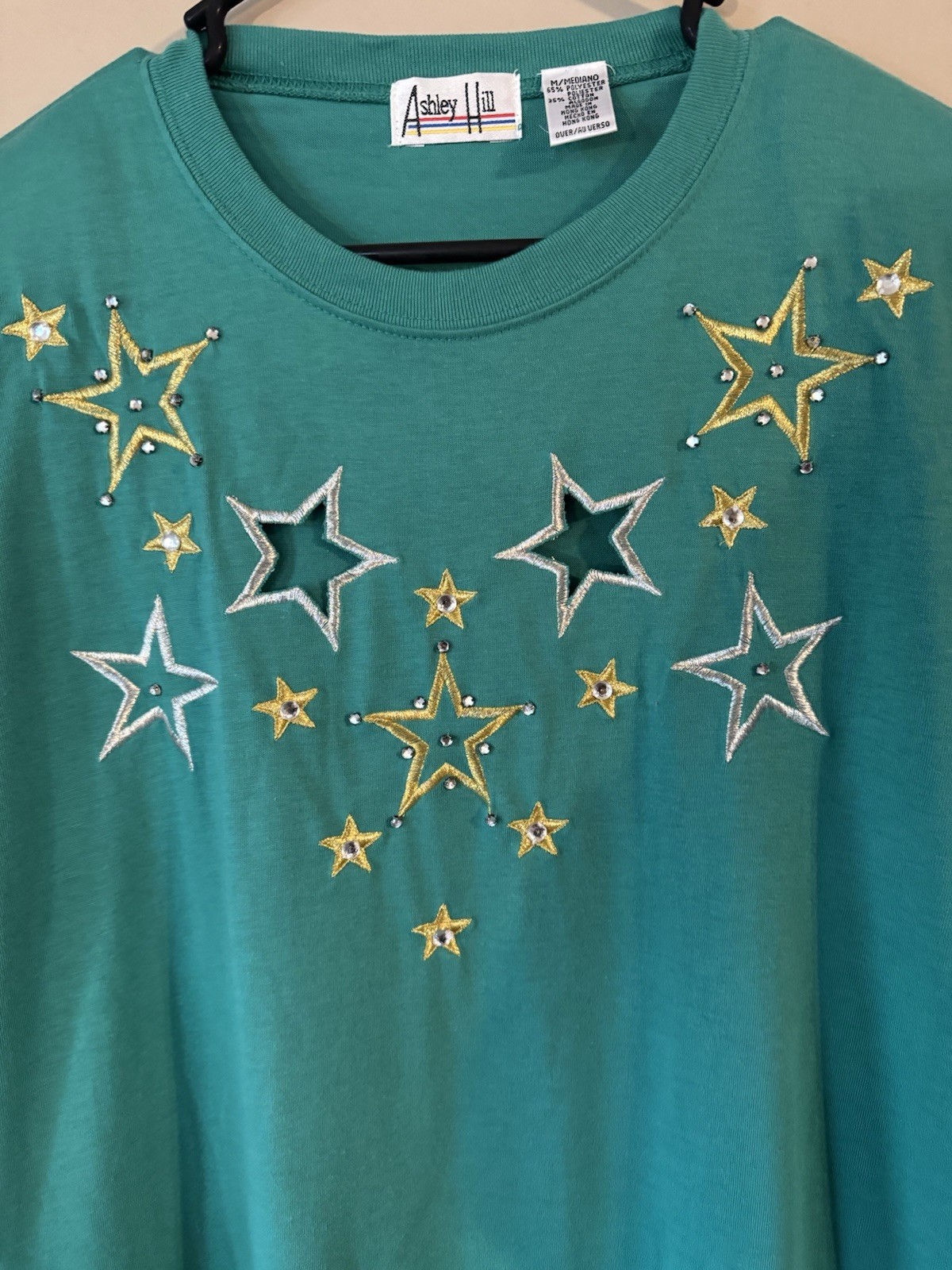 Vtg Metallic Star Embroidery 90s Women’s M Teal Rhinestone Blouse Ashely Hill