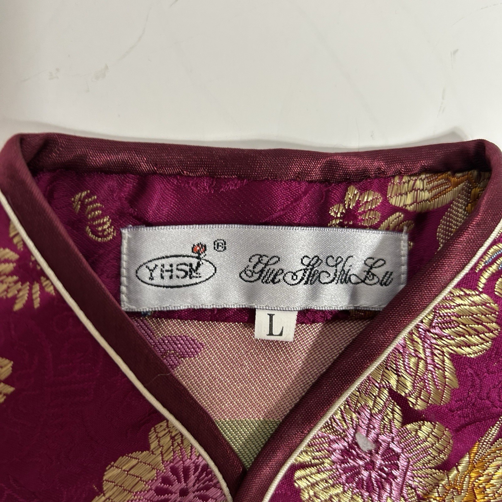 Vtg YHSK Yue He Shi Lu Women Chinese Mandarin Collar Dress Floral Fuchsia Sz L