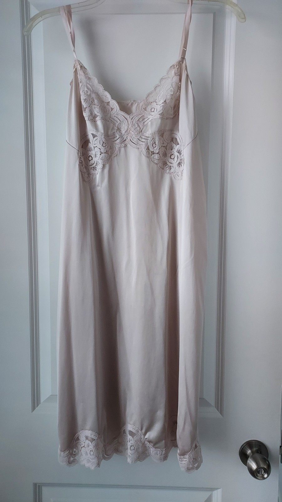 Vintage Slip Chemise Vanity Beige Ecru Nylon Antron III Lace Trim 36 Coquette