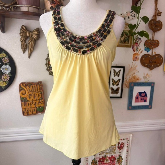 Vintage Y2K BCX Women’s S Party Tank Top Beaded Gemstones Butter Yellow
