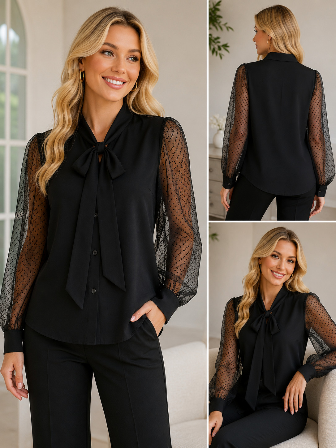 Retro Vtg Black Secretary Blouse Sheer Swiss Dot Mesh Sleeves Bow Tie NOS XL