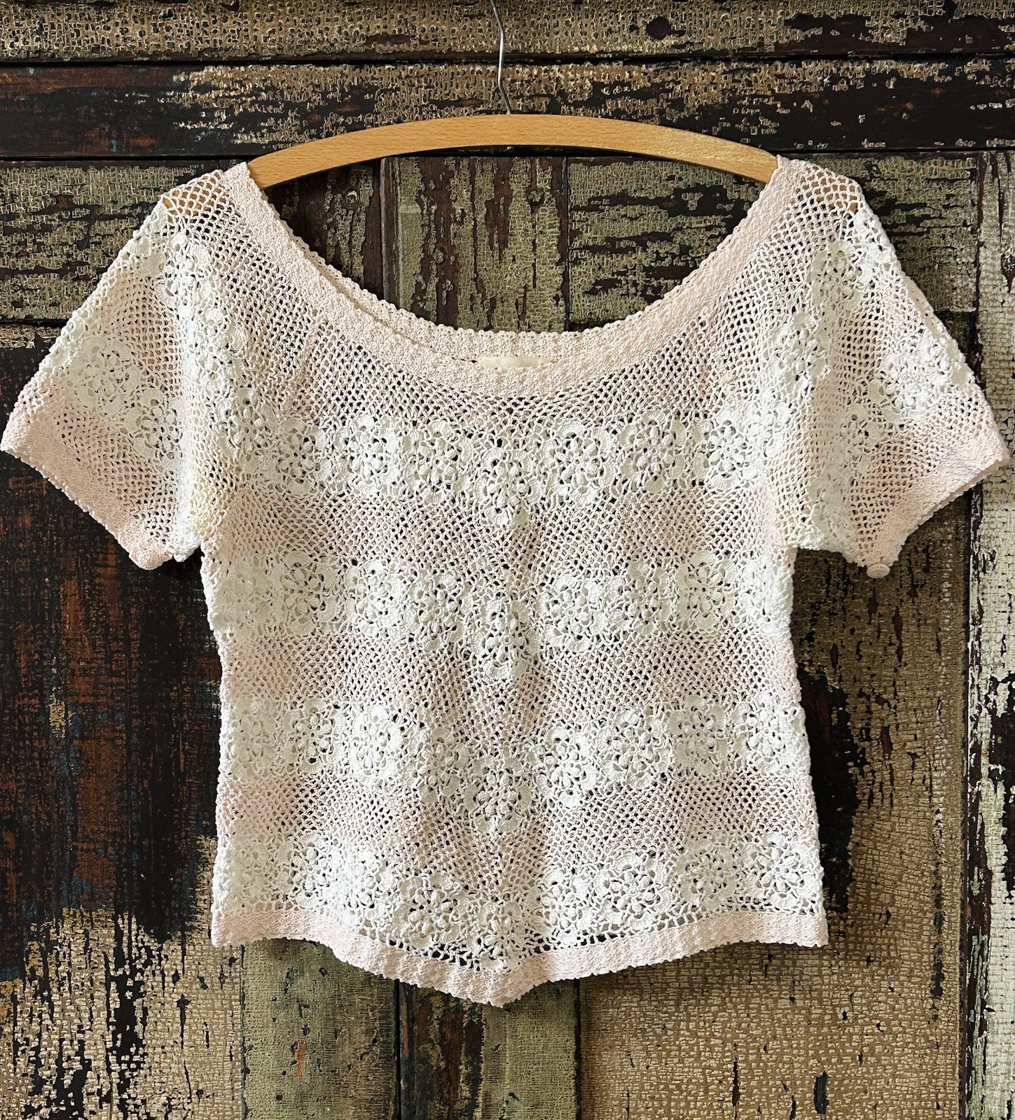 Vintage Crochet Cropped Top~Short Sleeve~by Lim’s~1980’s~Pink & White