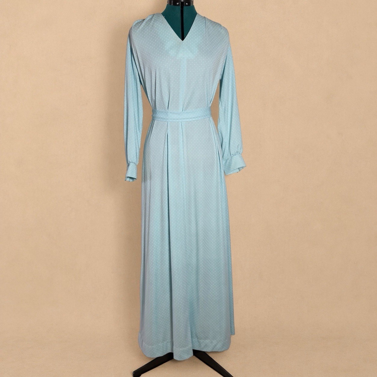 Tribute Vintage Blue Polka Dot Maxi Dress Long Sleeve Tie Waist Cottagecore