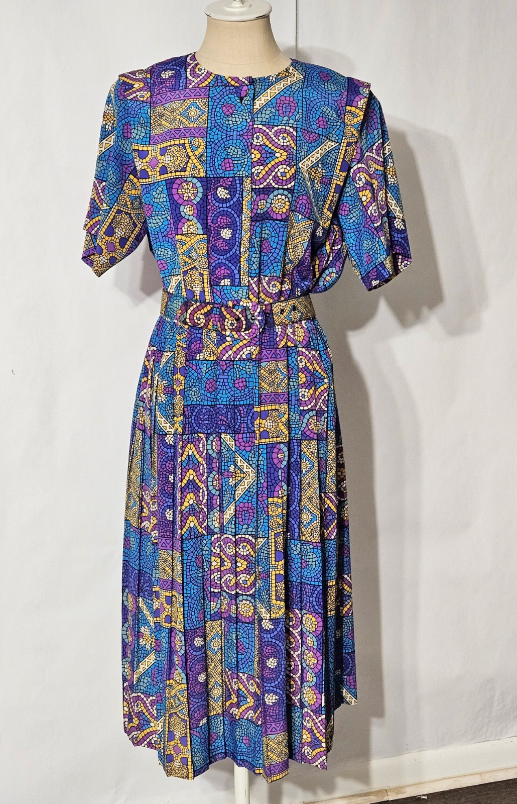 Vintage Leslie Fay Petite 14 Blue Purple Pleated Belted Midi Dress