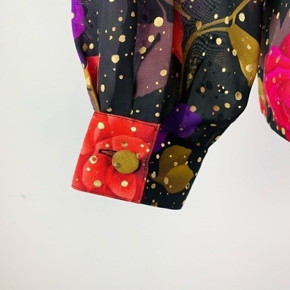 Vintage Shirt Women’s 8 Celestial Floral Metallic Gold Dot Corded Button Down