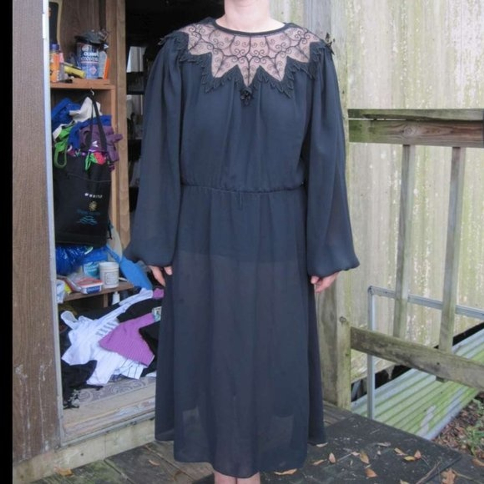 Argent Fille Ltd. Black 7 / 8 Dress Mesh Floral Neck Accent Translucent U.S.A.