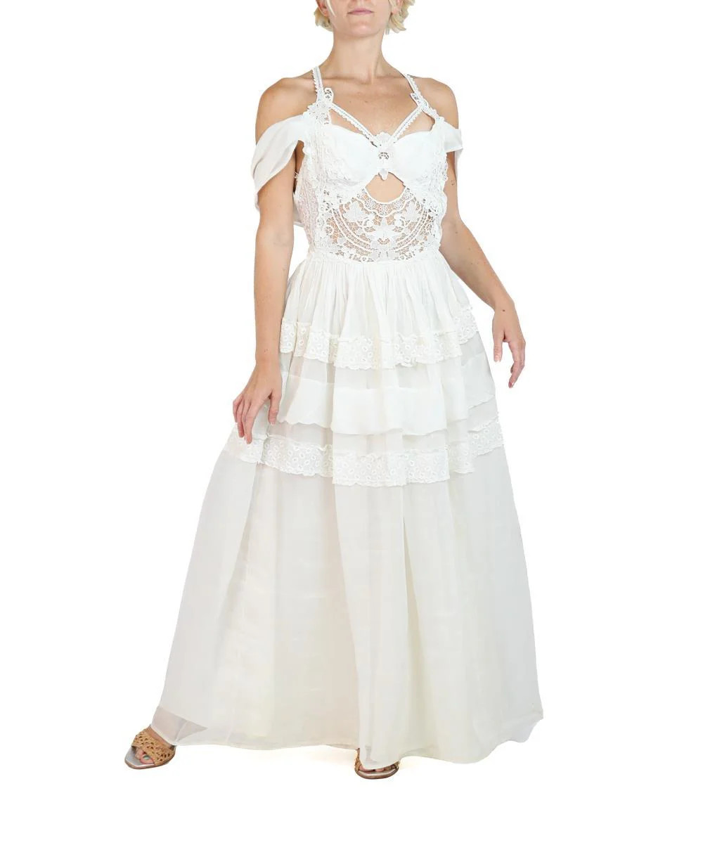 MORPHEW ATELIER White Organic Cotton Organdy & Antique Lace Gown