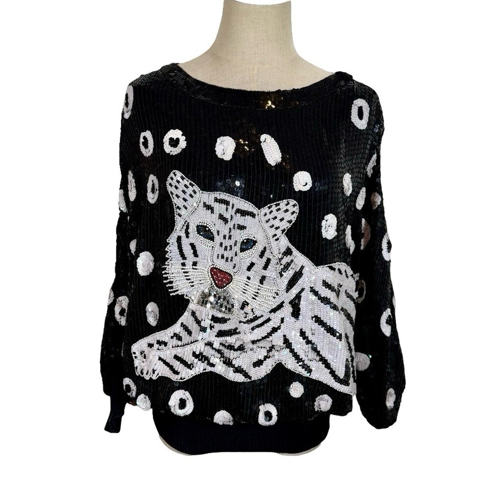 True Vintage 80s Sequin Beaded Tiger Top Dress Black Silk Batwing Sleeve One Siz