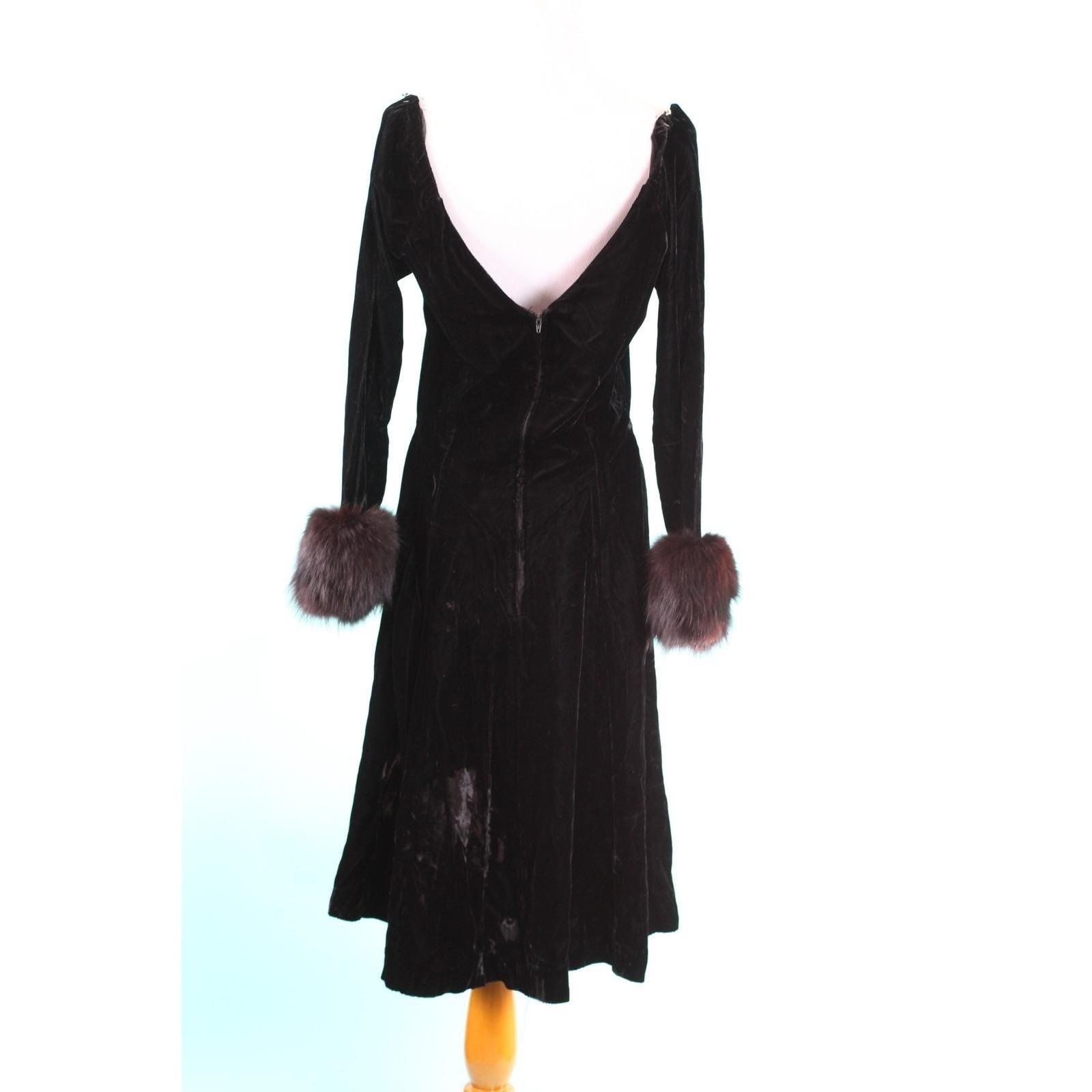 Vintage 1960s Black Velvet Dress Fox Fur Trim Cuffs V-Neck Cocktail Mid Century
