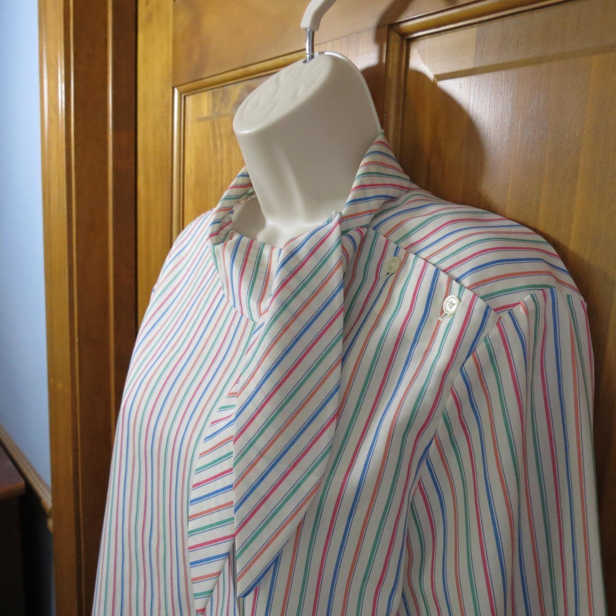 Vtg 80s Lady Devon Striped Secretary Blouse Bow High Neck Top Size 16-18