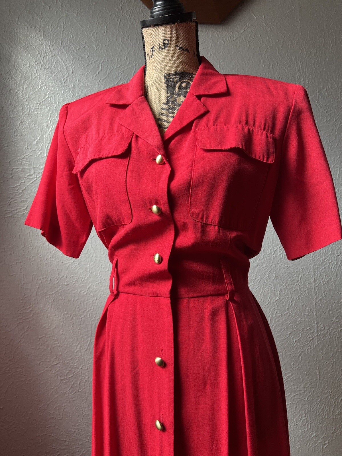 1980s Lipstick Red Button-Up Shirt Dress S M 80s Stranger Things Secretary Retro