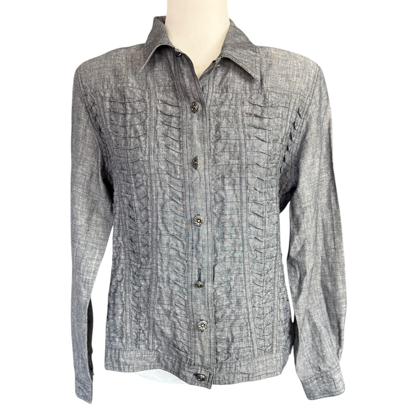 Vtg 80’s Blouse 100% Linen Gray Button Up Pleats L Office Siren Corpscore