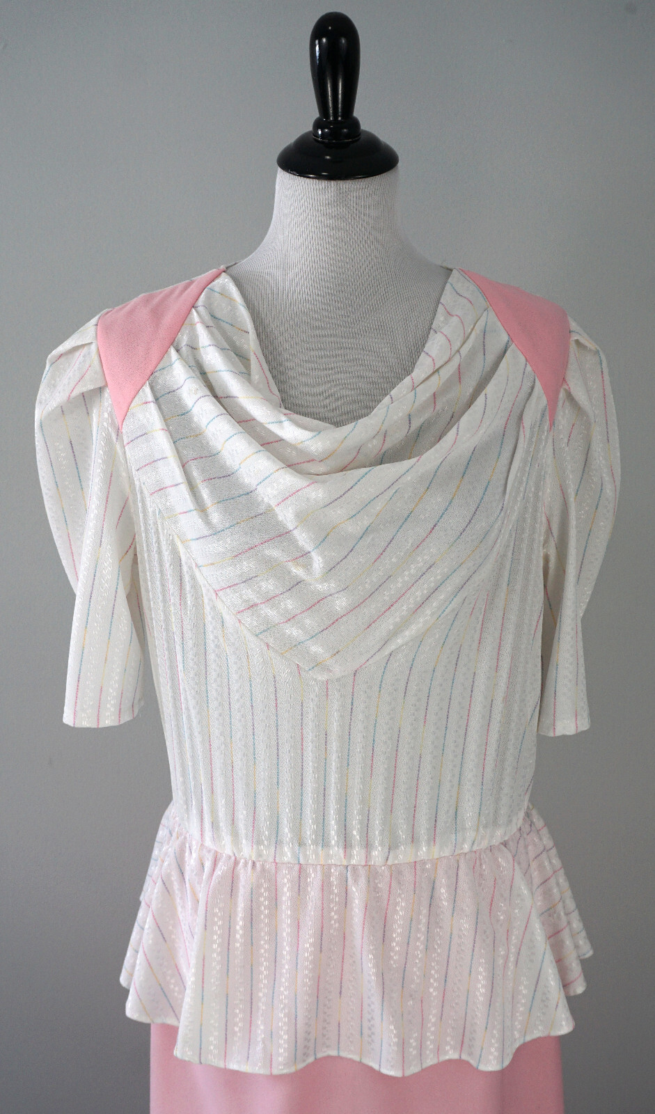 Vintage 80s KR of NY Pink White Striped Cowl Neck Short Sleeve Peplum Dress L