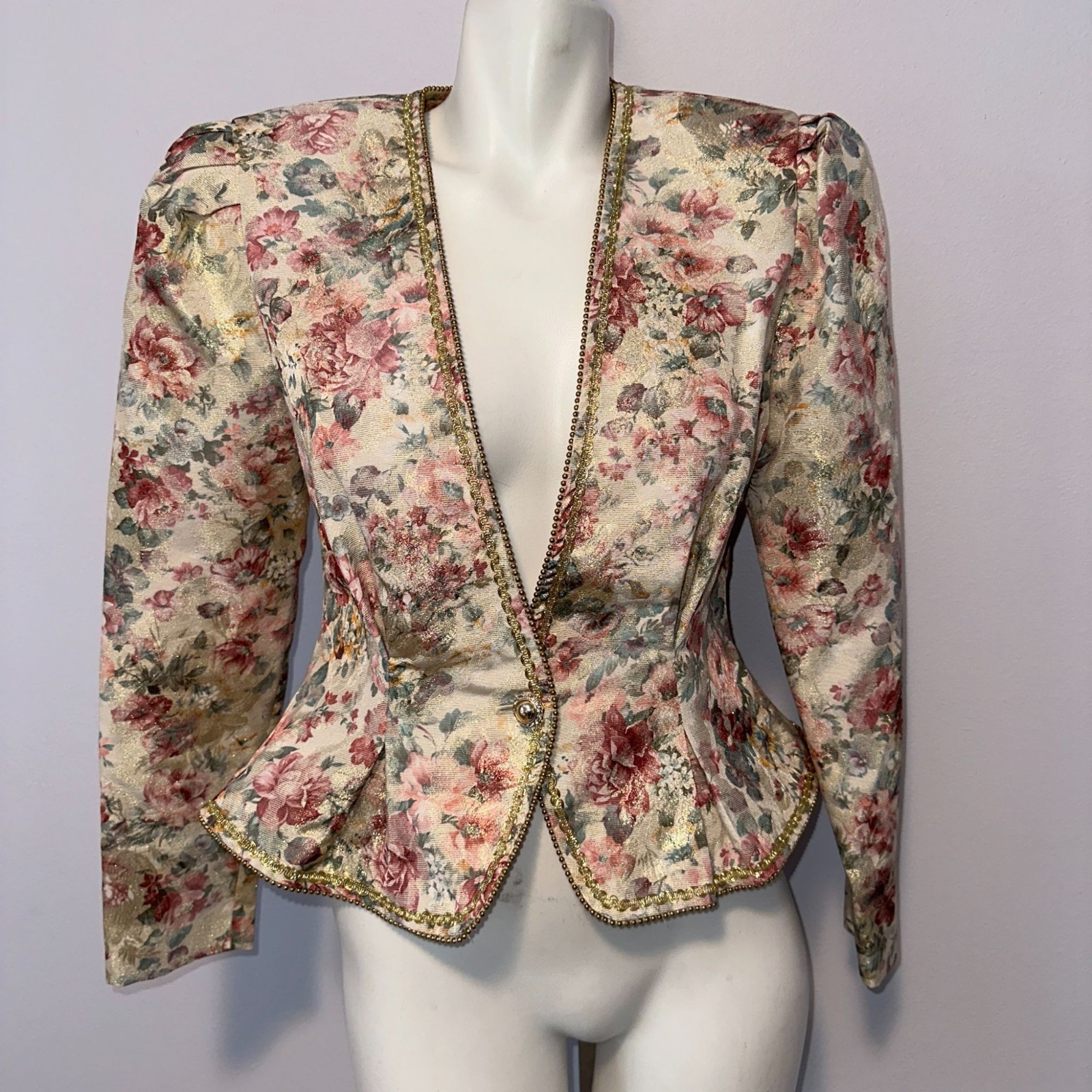 Vintage 1980s Nah Nah Floral Blazer 6 Gold Metallic Brocade Peplum Evening Jacke