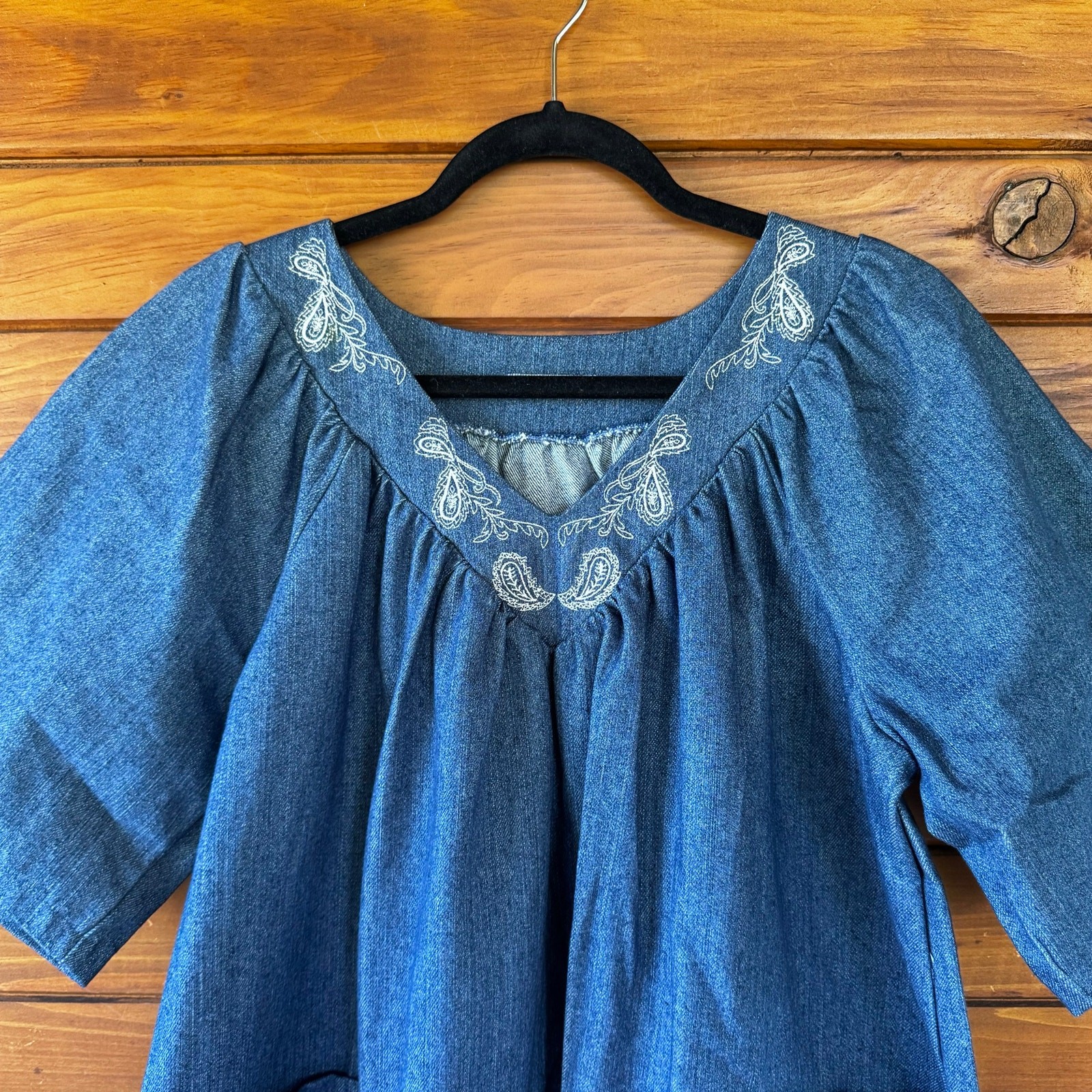 VTG Handmade Cotton Denim Caftan Smock Mumu House Dress Size Small