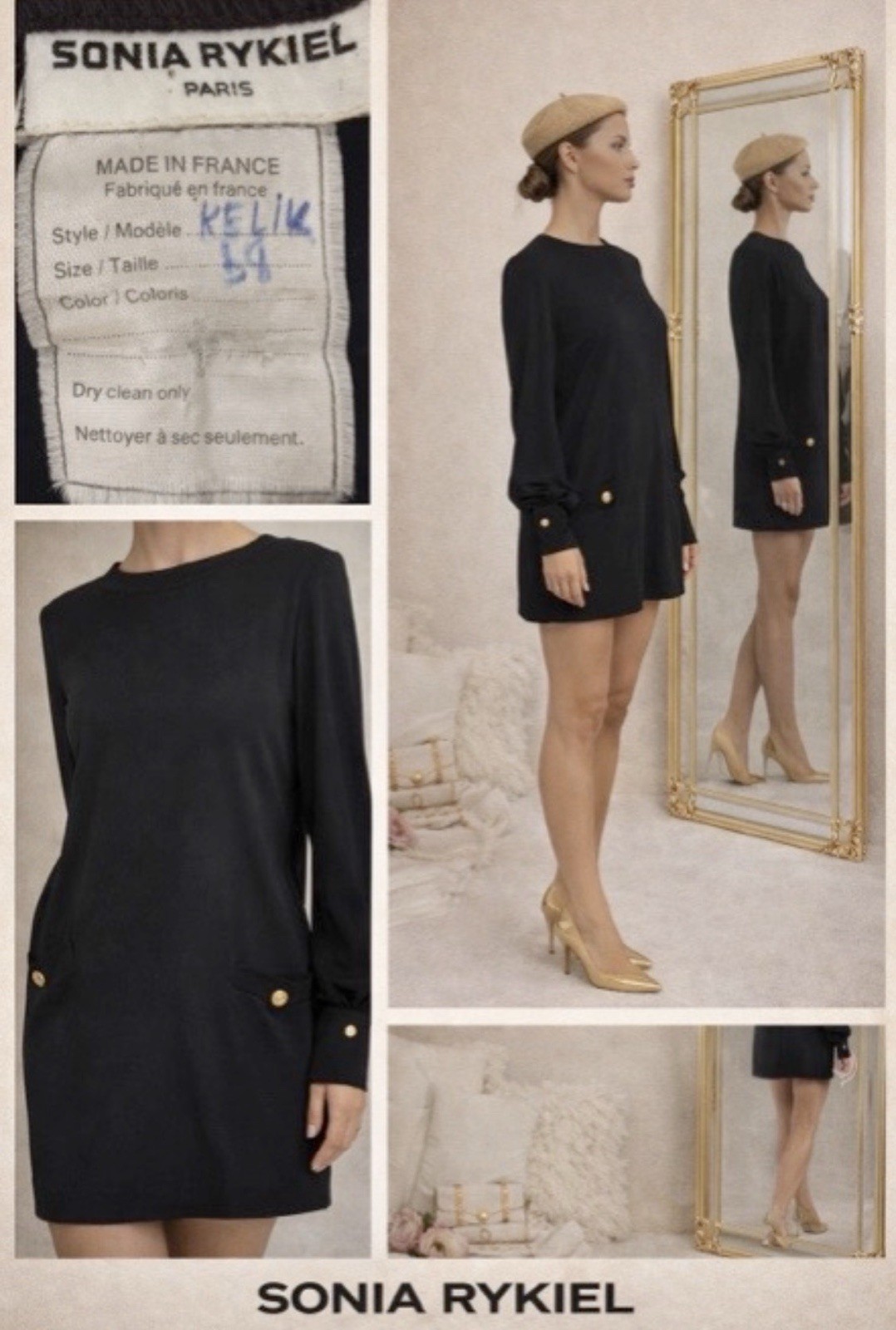 Vintage 1990 Sonia Rykiel Black Wool Short Dress Gold Buttons SZ38FRUS2-4 France