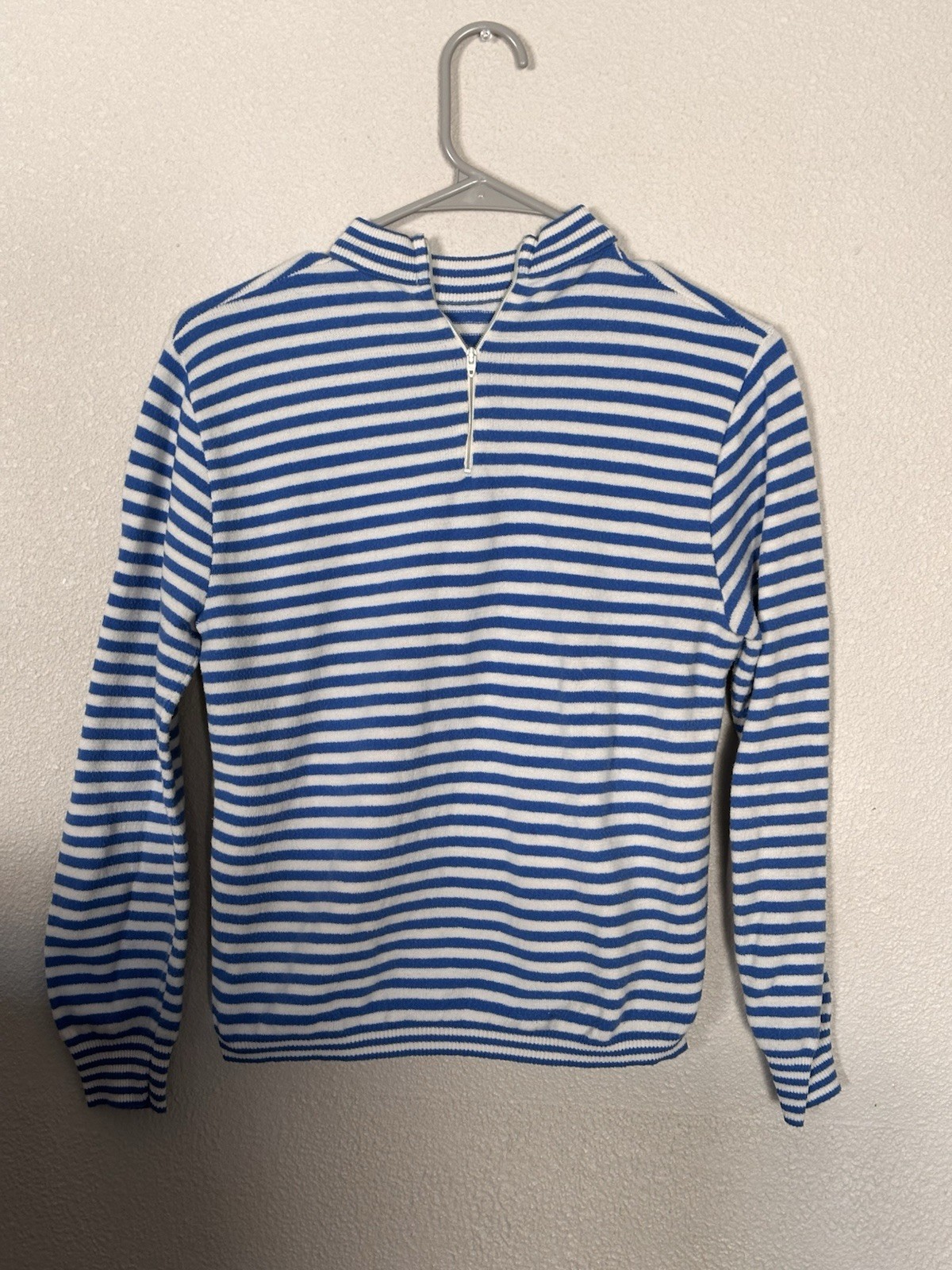 Vintage Blue White Striped Quarter Zip Knit Sweater Pullover ILGWU USA