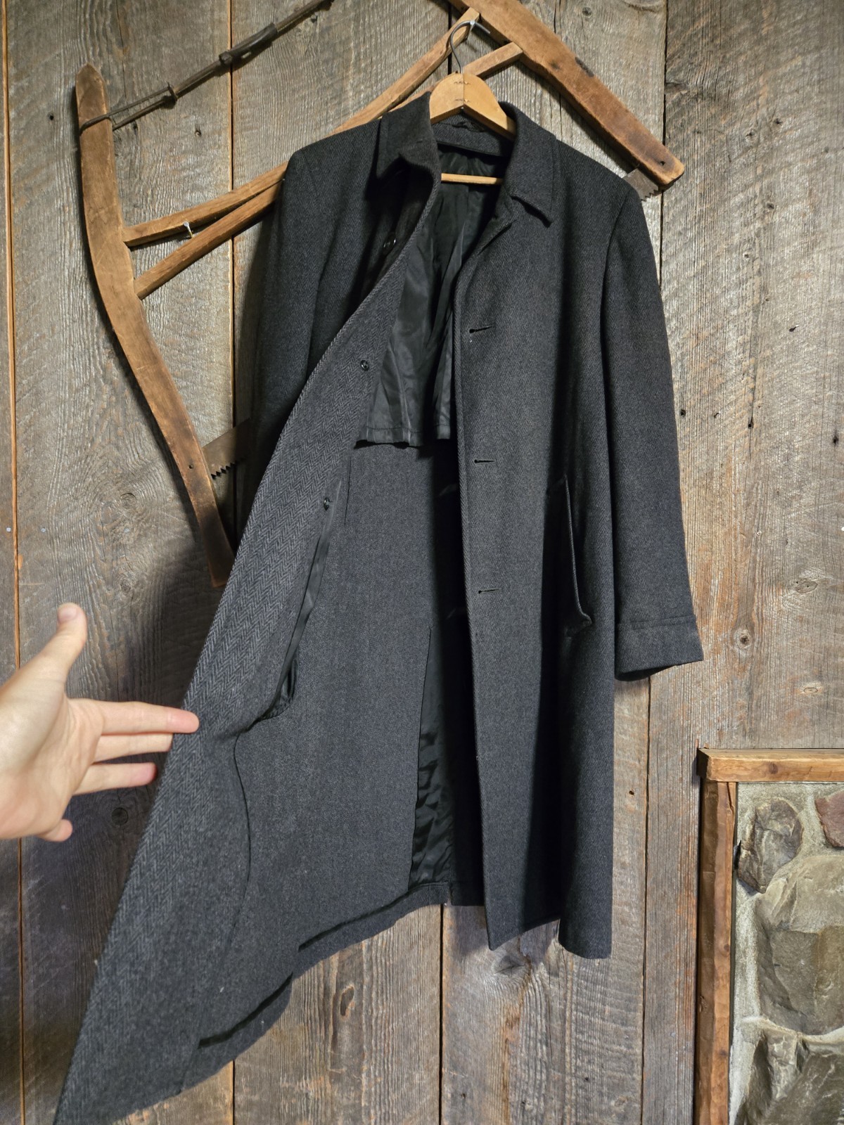 Vintage 40s/50s/60s Scottish Wool Herringbone Tweed Trench Coat M Charcoal Gray