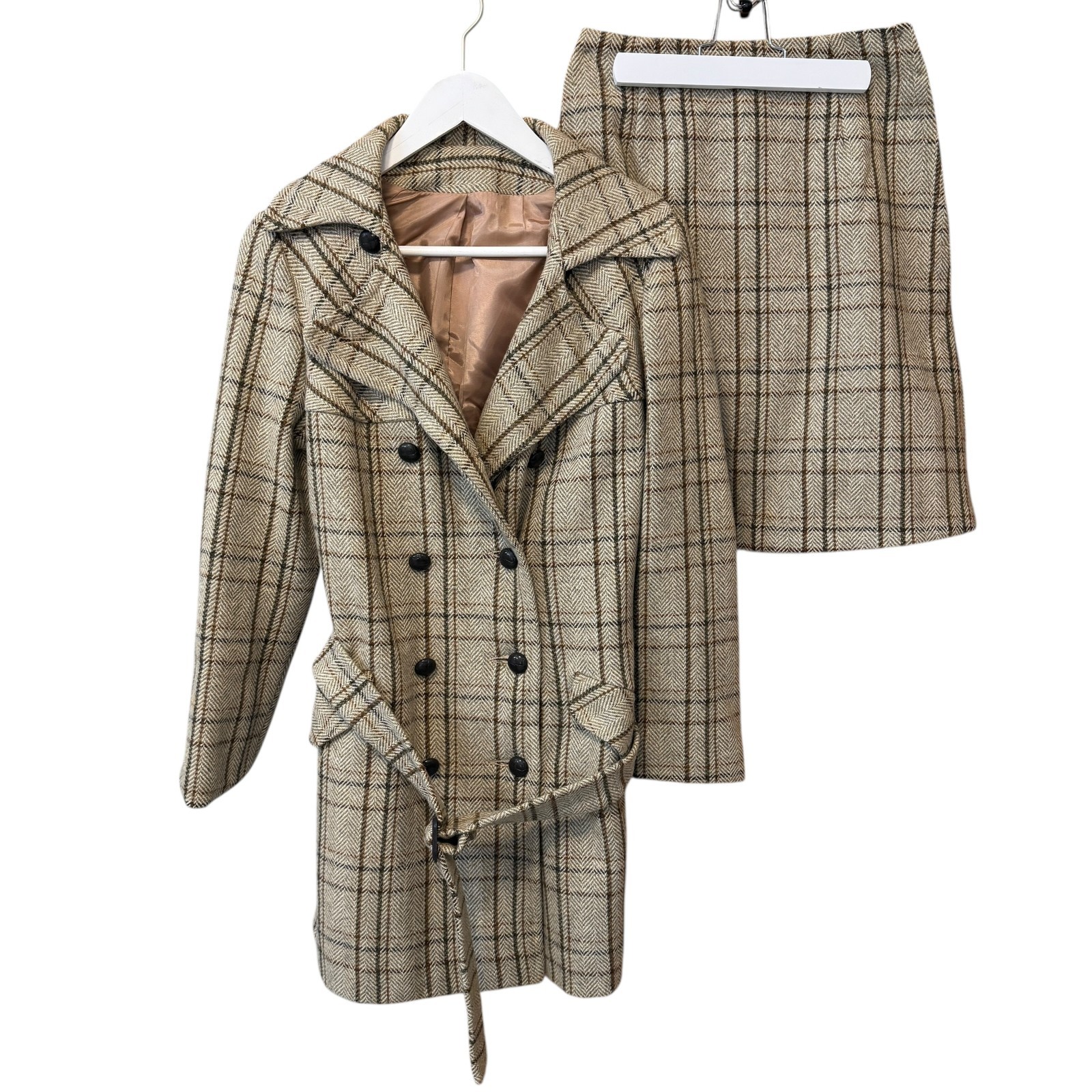 Vintage 70s Tweed ILGWU Neutral Belted Peacoat and Skirt Set Women’s size S