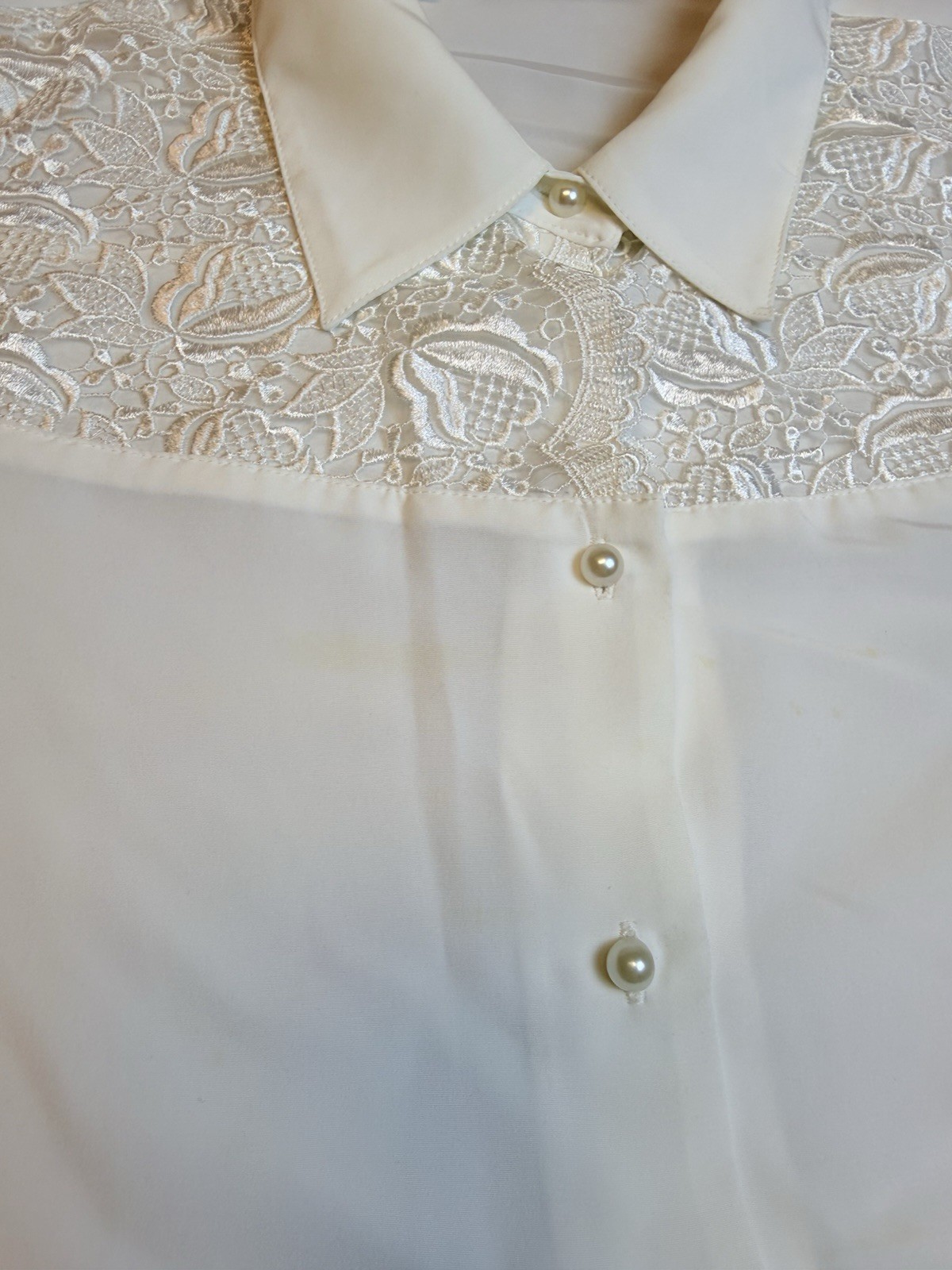 Kathy Che Vintage Ivory Long Sleeve Dressy Blouse~ Lace Pearls Sequins Size 14