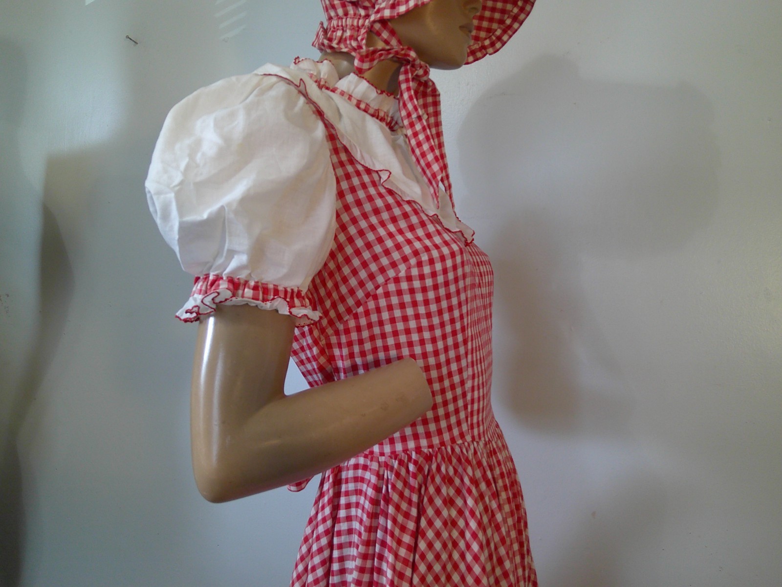 Vtg 70s Red/White Gingham Prairie Cottagecore 160″ Full Sweep Maxi Dress & Hat M