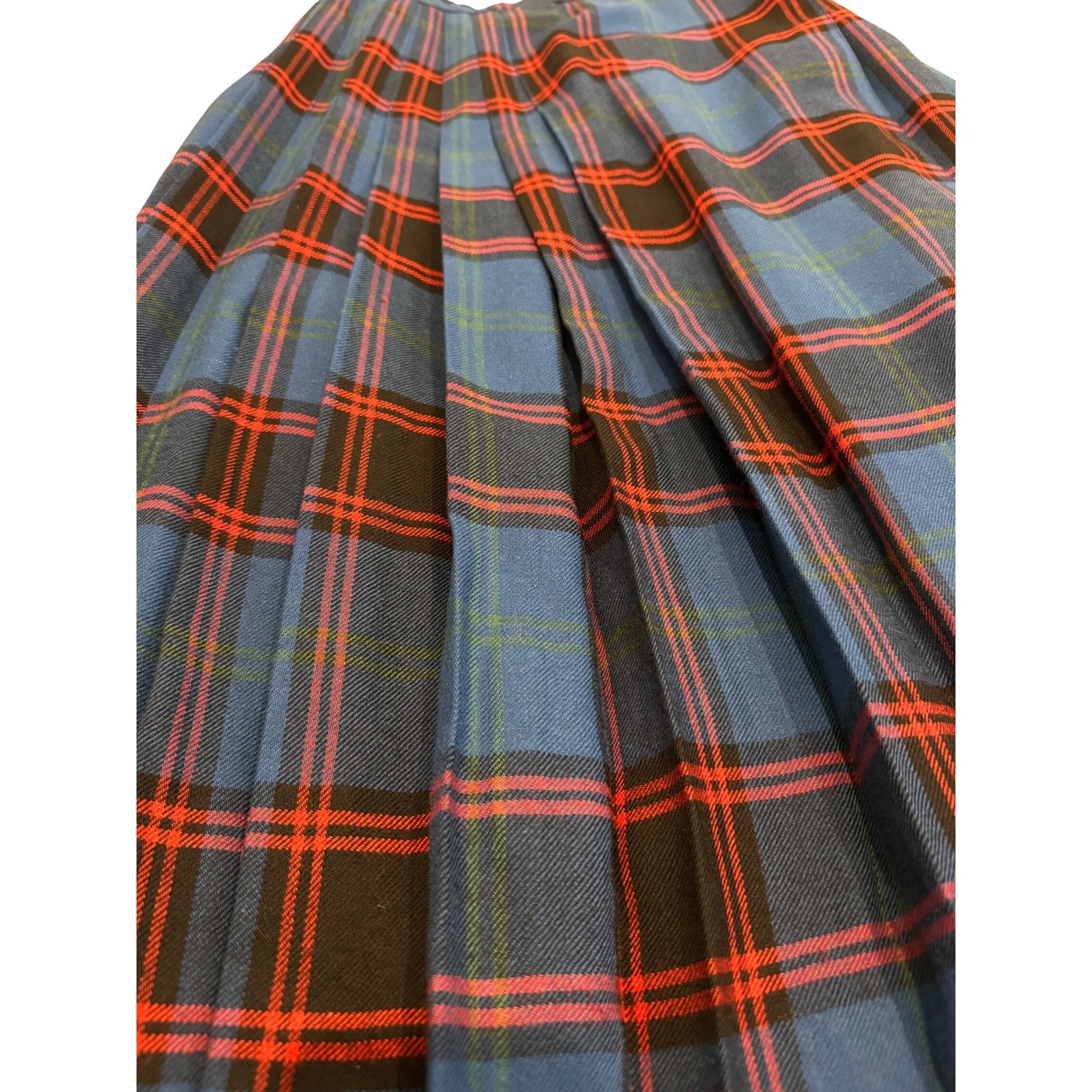 Vintage Ellen Tracy 100% Pure Wool Plaid Pleated Midi Skirt Blue Red Size 7/8