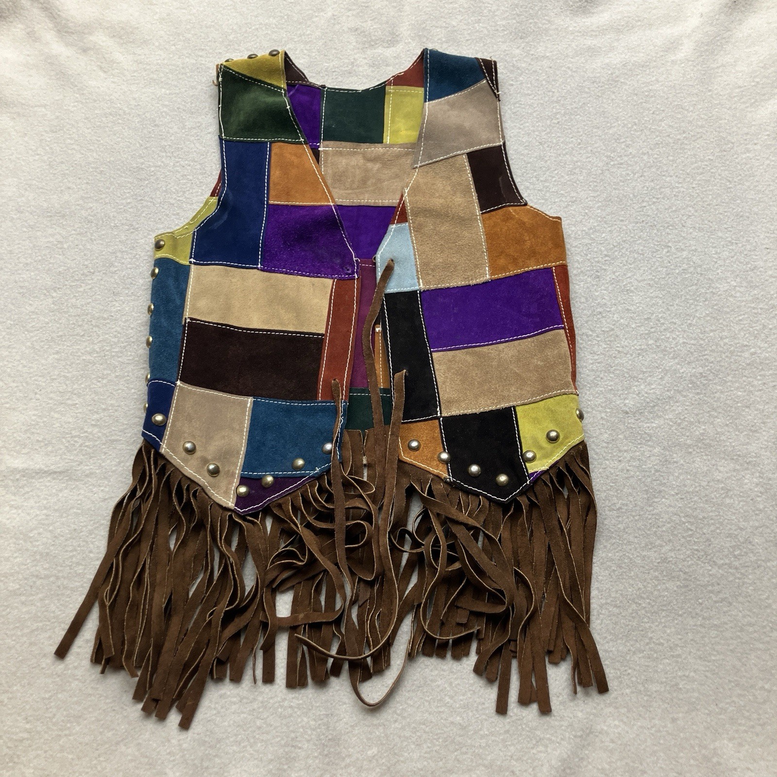 Vintage 70’s Multicolored Patchwork Suede Leather Fringe Vest S/M Boho Hippie