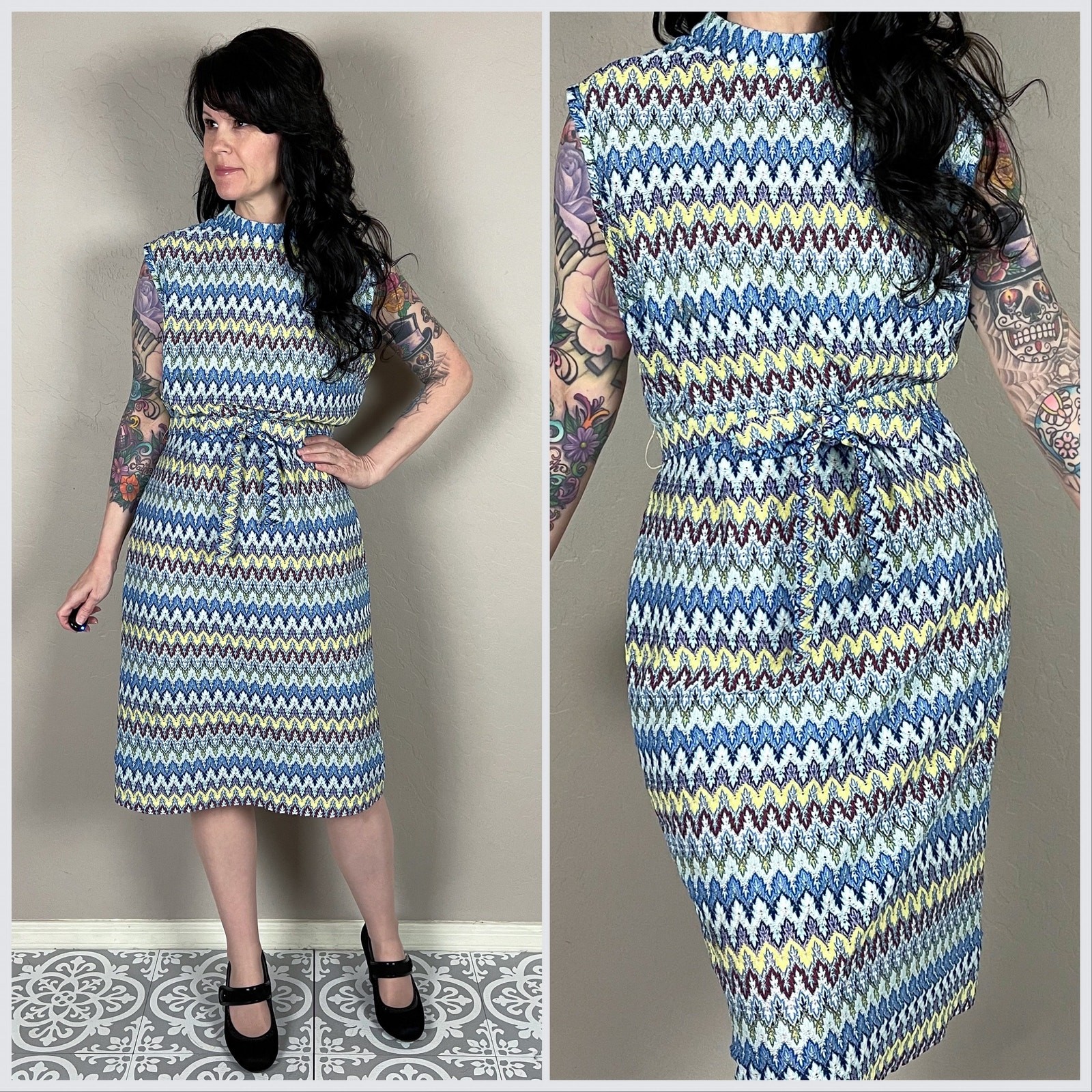 Vintage 1960s Blue and Green Zig Zag Knit Sleeveless Sheath Dress | 36″ Waist