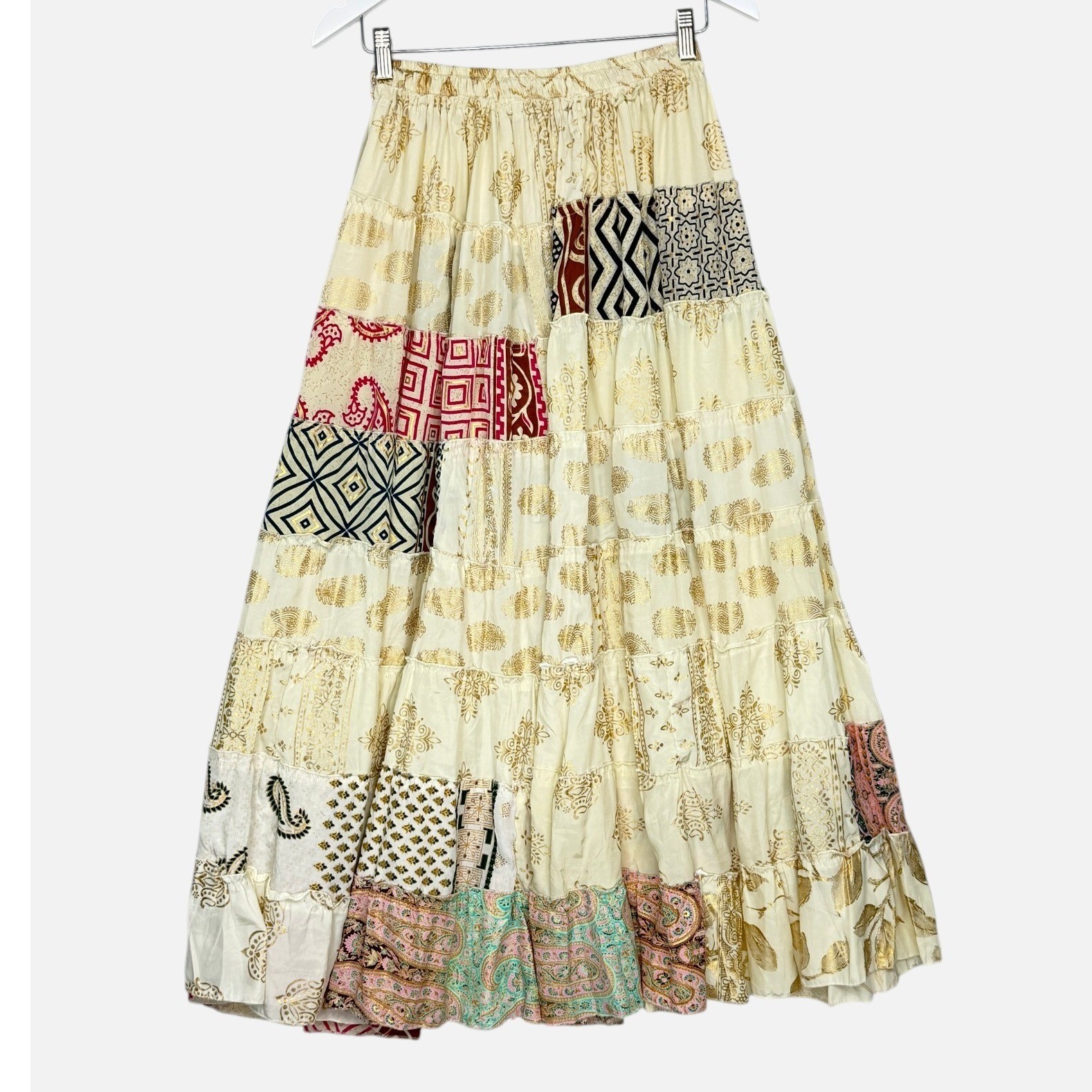 Handmade Boho Patchwork Maxi Skirt Small Cream Gold Paisley Tiered Festival