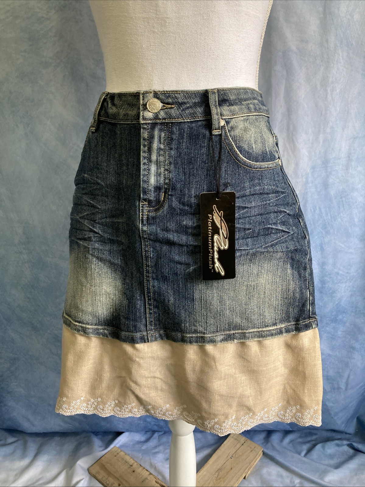 PLATINUM PLUSH 90s Y2K Denim Layered Skirt 6313 Embroidered Distressed Boho NOS