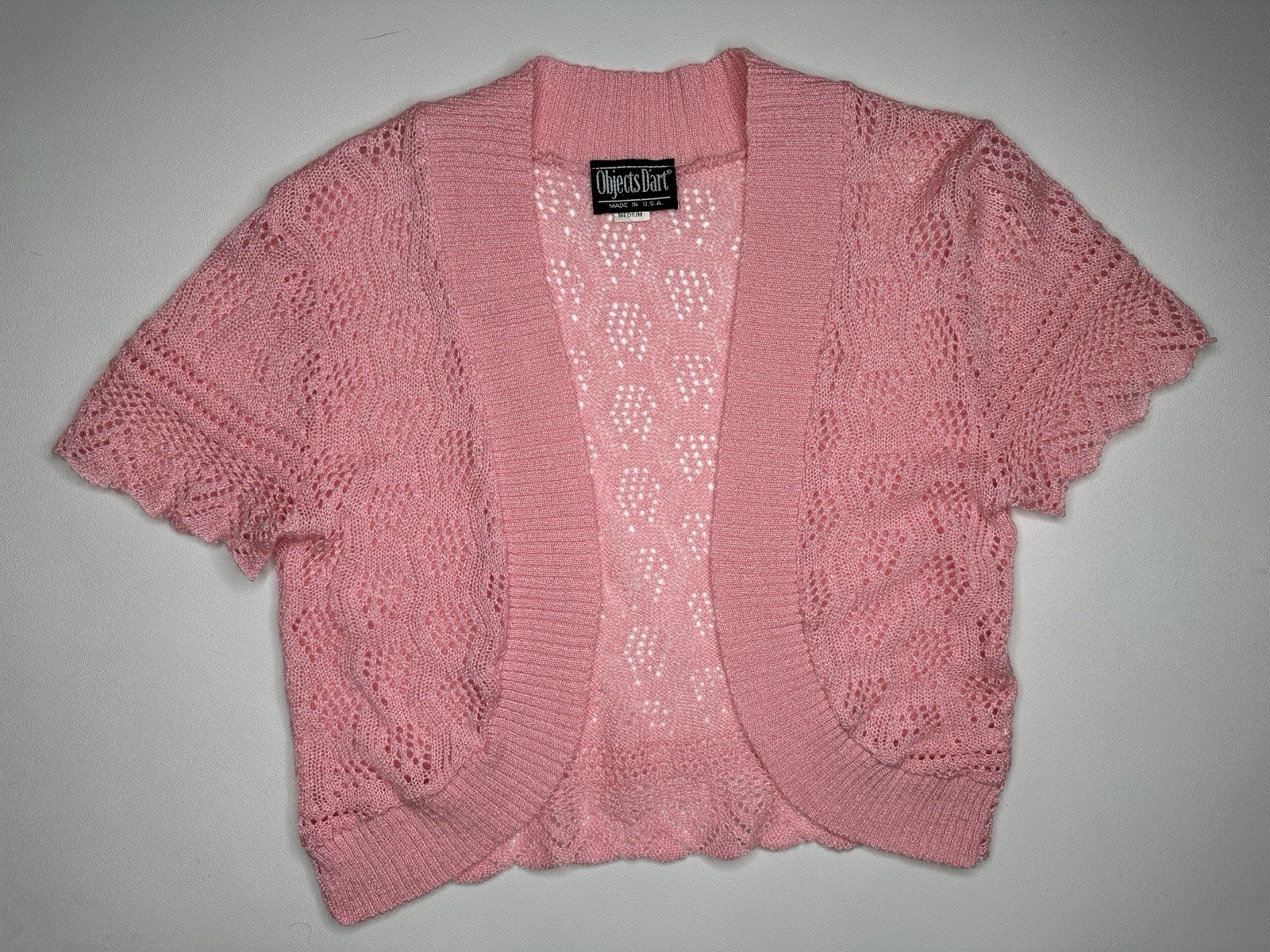 Vintage Objects D’Art Pink Crocheted Open Cardigan Made In USA Womens Size M