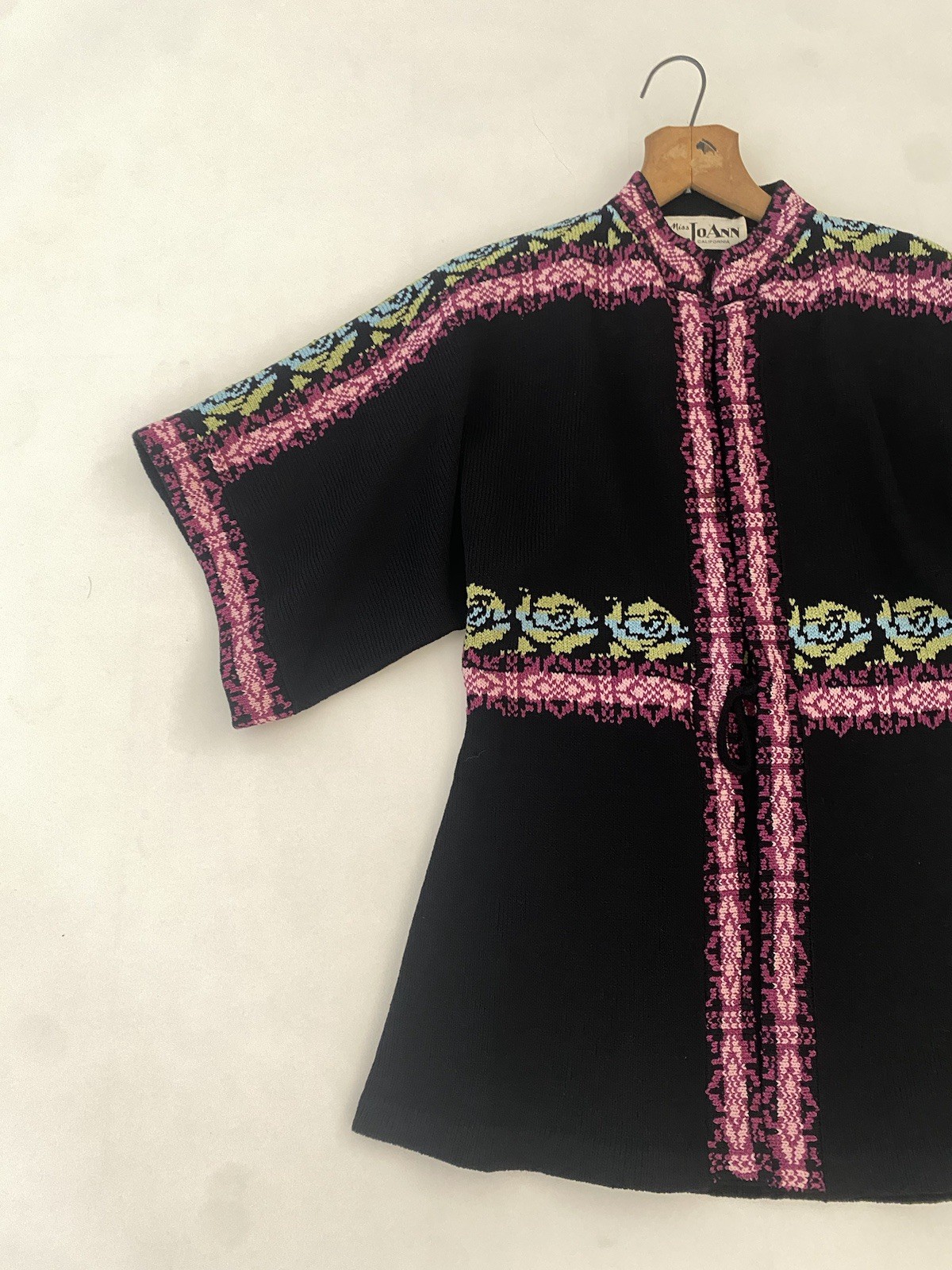 Vintage 70s Miss Joann California Black Kimono Crochet Open Cardigan Multicolor