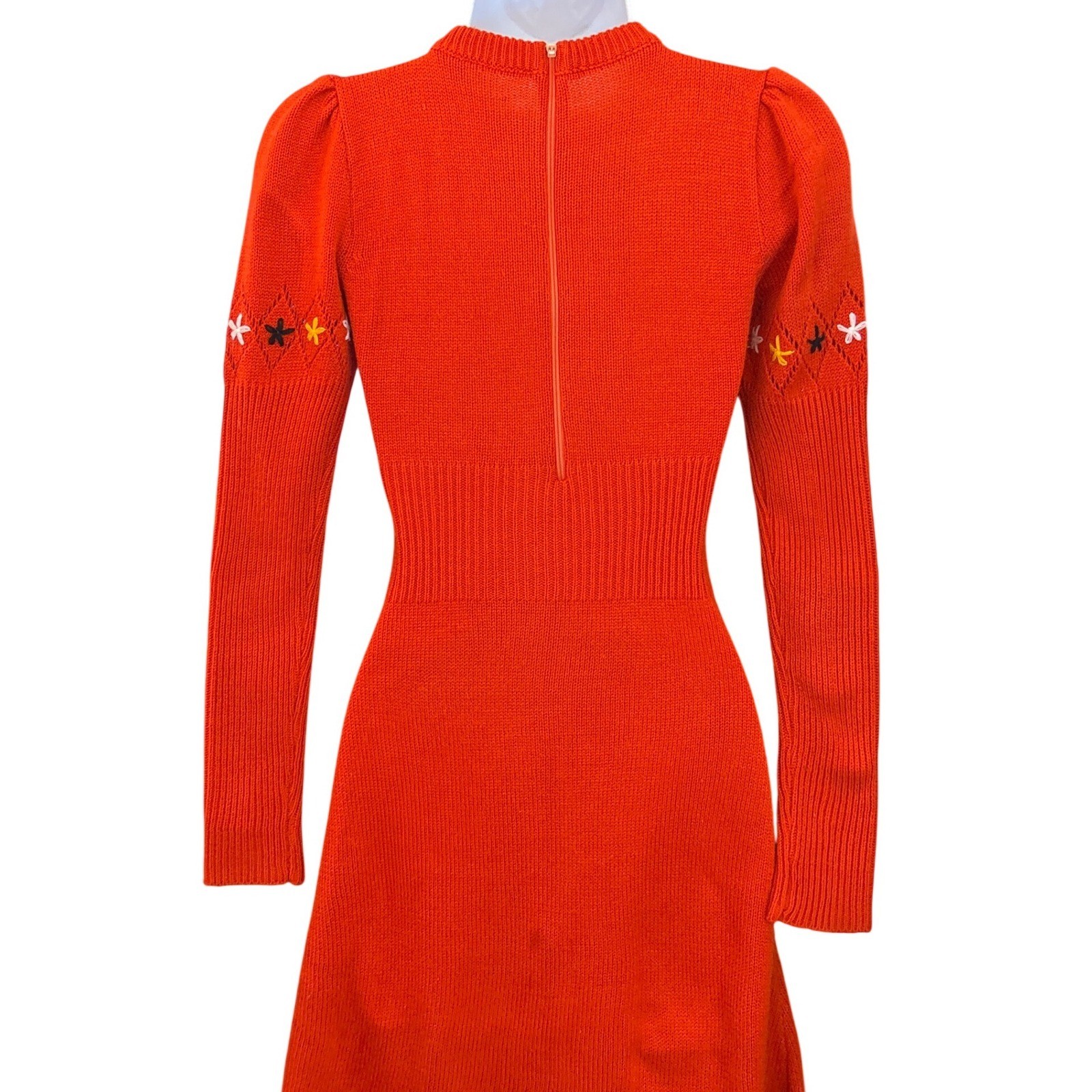 Vintage Red Orange Knit Long Sleeve Mini Dress Floral Embroidered Mod 70s Style